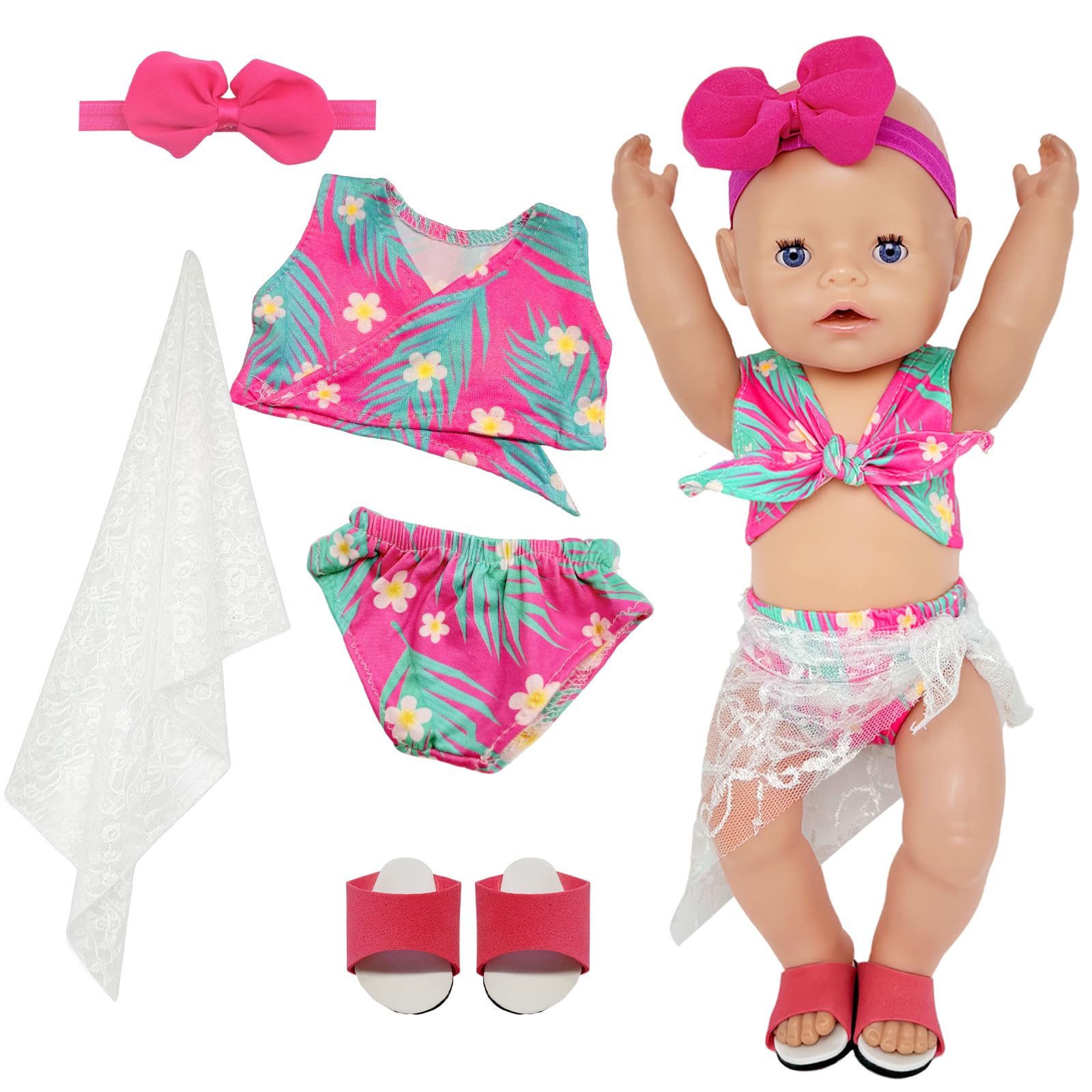YAEGIMHT 14–17 Inch Doll Swimsuit Set with Pink Palm Leaf Print