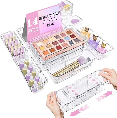 Organizador de cajones transparente extensible de 14 piezas, caja de almacenamiento ajustable, organizador de cajones de escritorio de 3 tamaños,