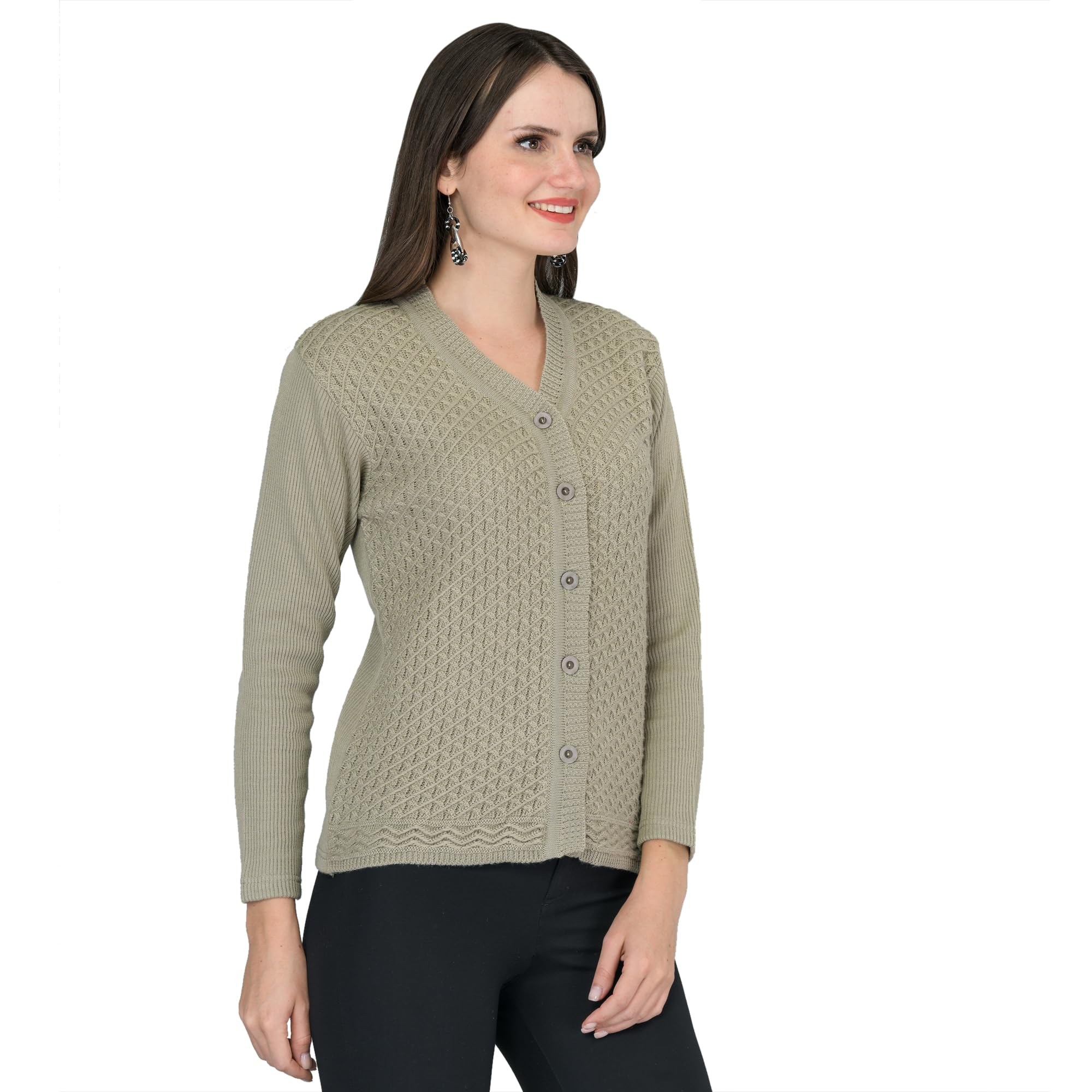 ladywillington Lady Willington Women Woolen V-Neck Self Design Cardigan Heavy Daffodil Fabric Cardigan Winter Wear Pure Wool Cardigan for Women Free Size Long Cotty Fully Warm Cardigans (XS, Dusty Green)-picture-19