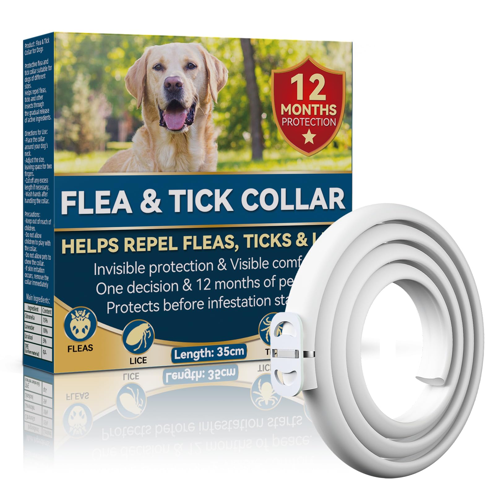 Collar Antiparasitario para Perros 65 cm – Protección contra Pulgas, Garrapatas e Insectos hasta 12 Meses – para Perros de Todos los tamaños – Impermeable y Ajustable