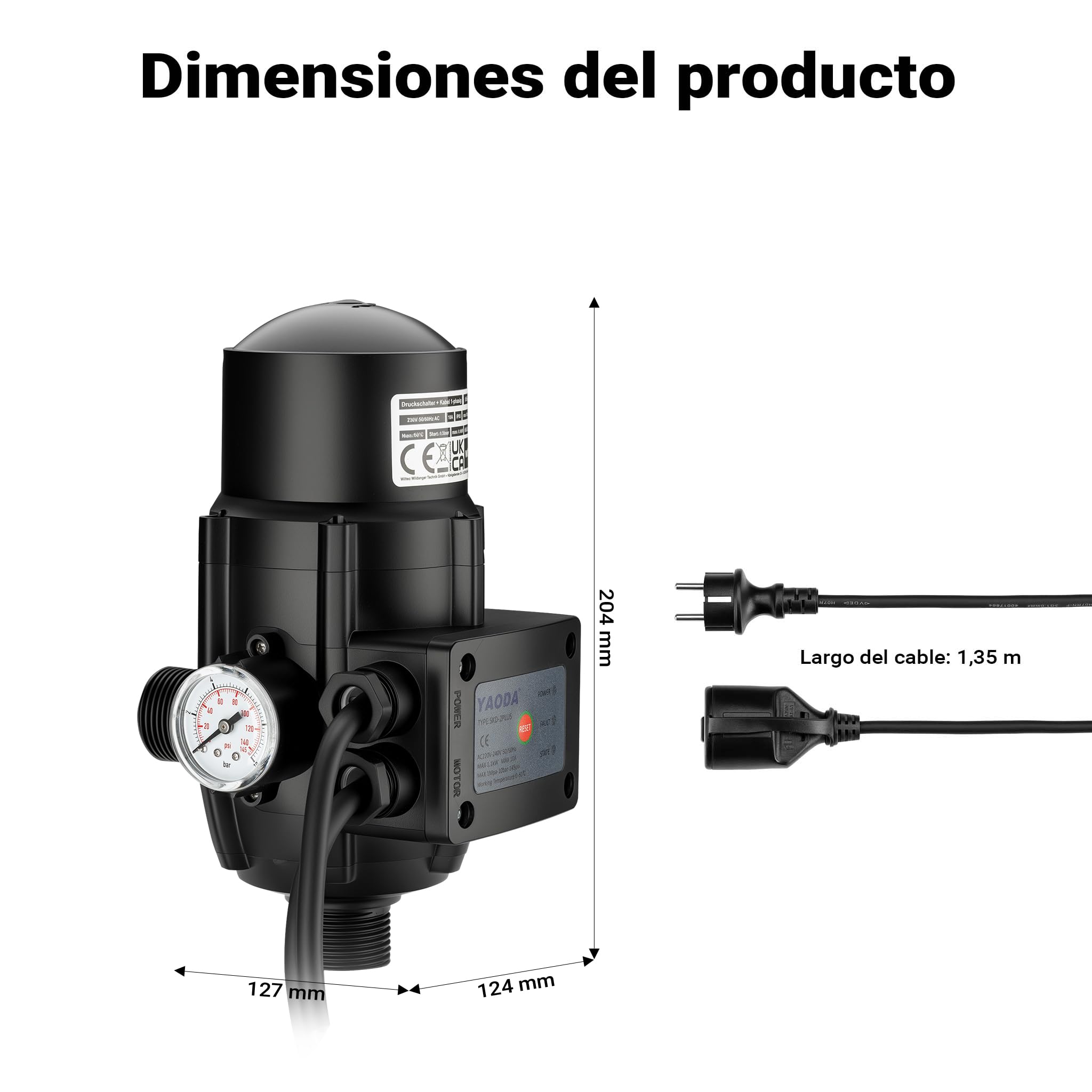 Presostato EPC-2 230V con 2 cables para grupos de presión y bombas 1-Fase Protección marcha en seco