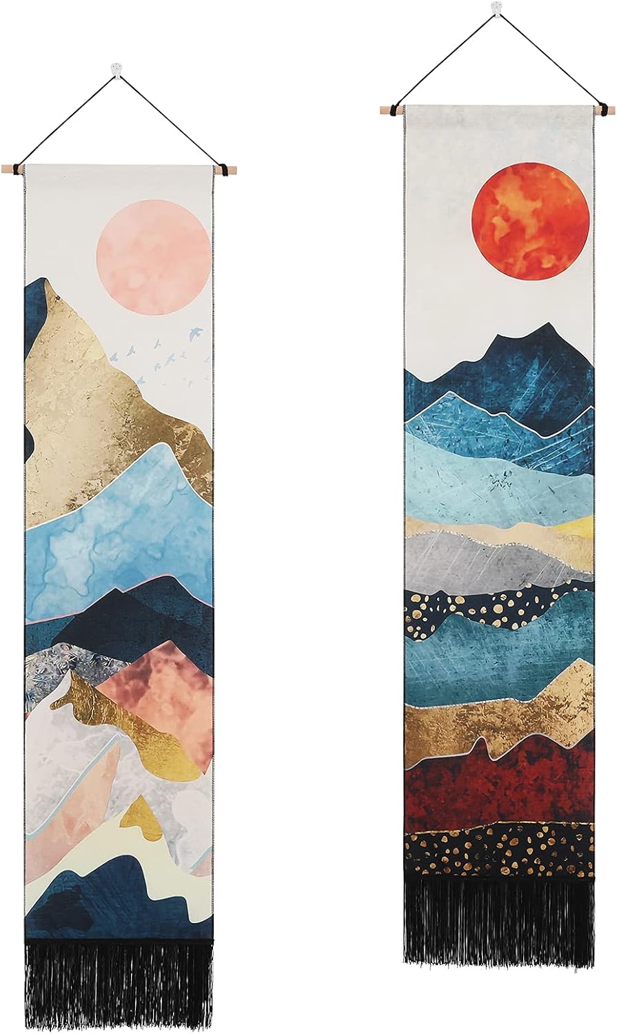 AWAYTR Long Mountain Tapestry Wall Hanging - 2PCS Forest Tree Sunset Starry Night Sky Nature Landscape Tapestries for Bedroom (Pink Mountain)