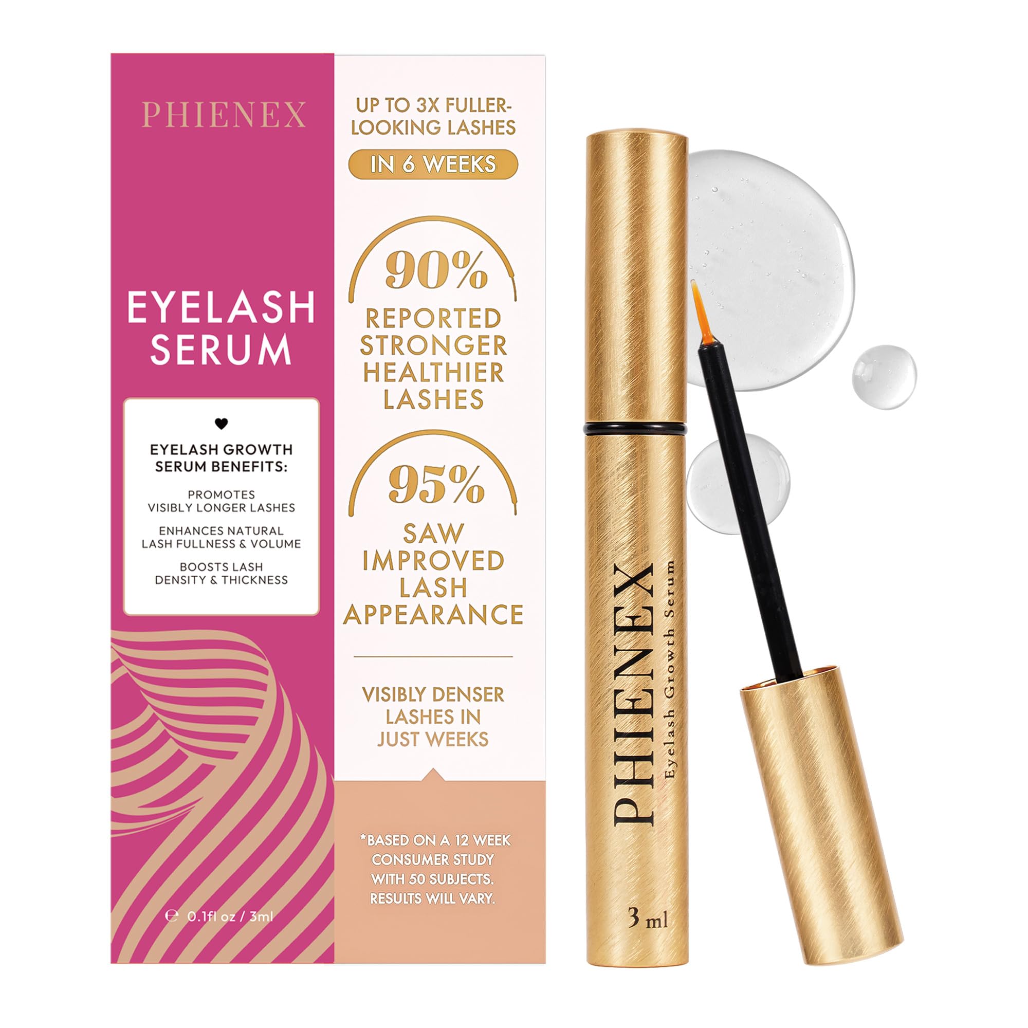 PHIENEX Serum do Rzęs, Formula Wzmacniająca na Dłuższe i Gęstsze Rzęsy oraz Brwi - Technologia US DermaCraft Labs z Botanicznym Kompleksem Peptydowym - 3ml (Różowy)