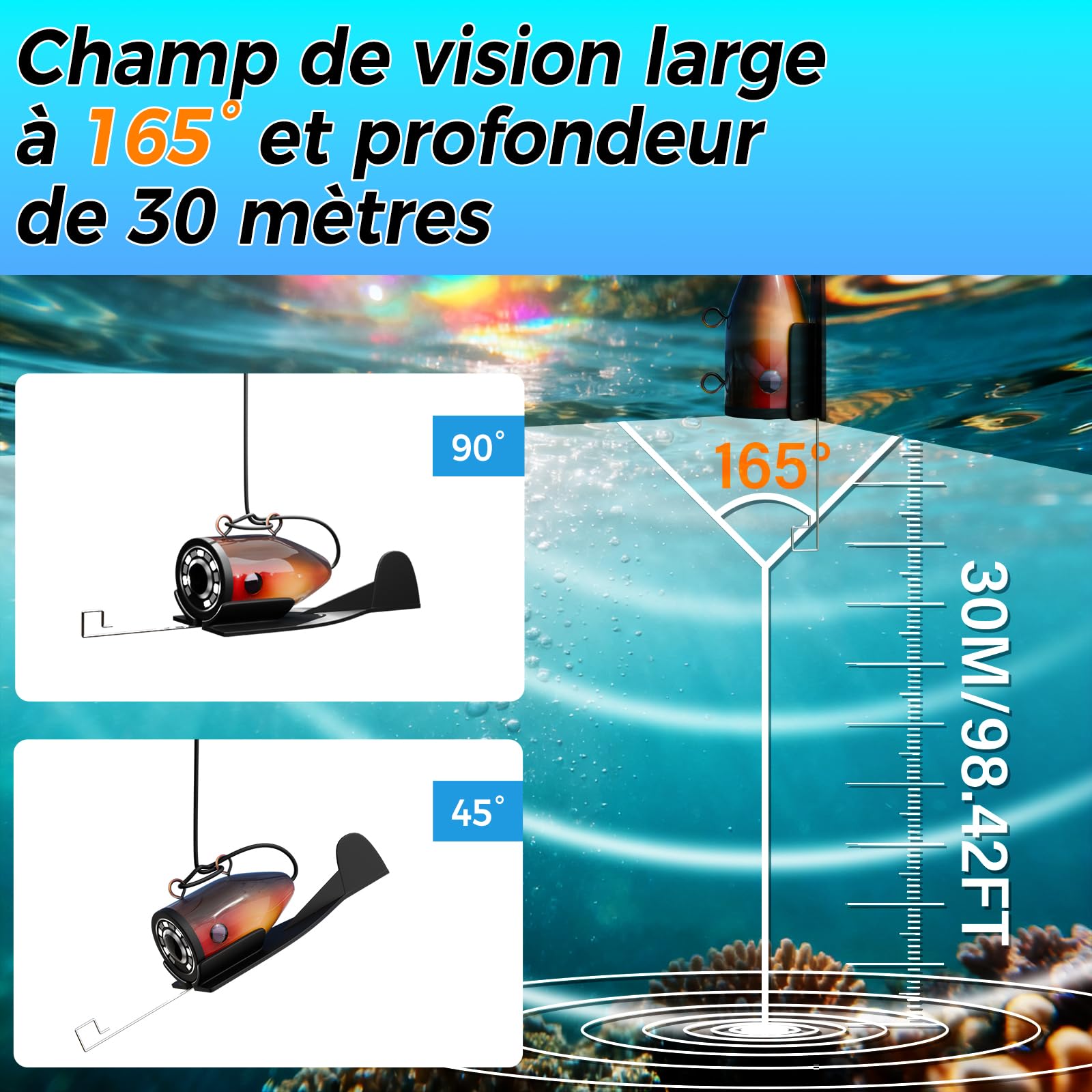 Sonde de pêche Caméra sous-Marine de pêche avec écran HD 7", Vision Nocturne Infrarouge Grand Angle, IP68 étanche, pour pêche en mer, lac, rivière et Glace