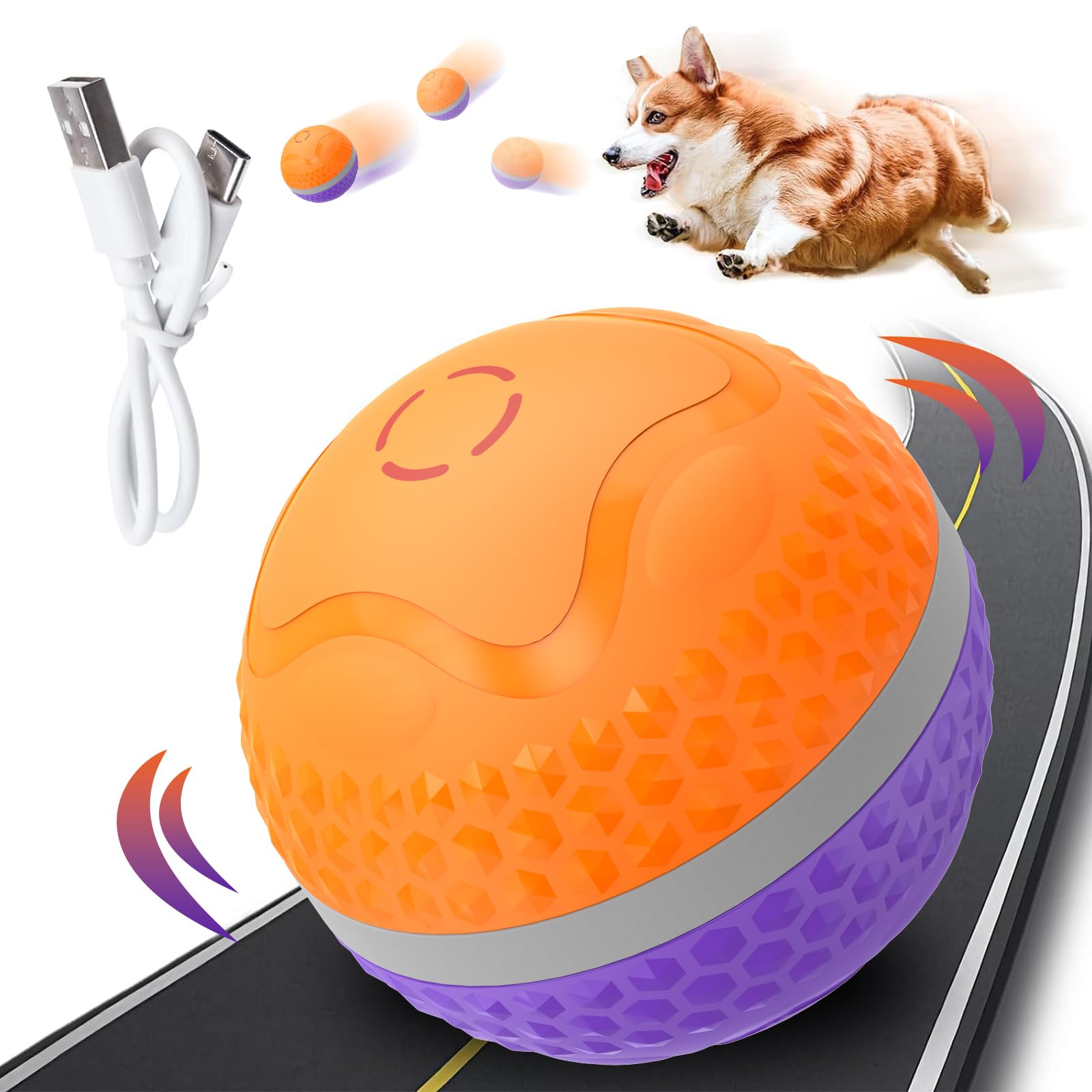 Pelota Interactiva para Perros, Ø 85 mm Juguete Automático para Perros con Luz de Flash LED, Ecargable por USB, Duro y Resistente a Las Mordeduras, para Perros Medianos y Grandes (Violeta+Calabaza)