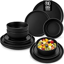 vancasso Black Dinner Set for 4, 12 Piece Elegant Crockery Sets with Matte Glaze, Modern Style Playa Plates and Bowls Set, Dishwasher & Microwave Safe