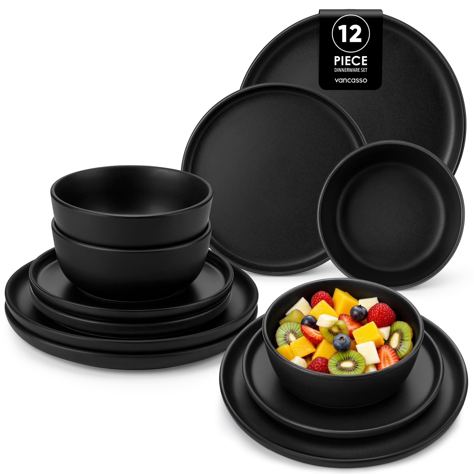 vancasso Black Dinner Set for 4, 12 Piece Elegant Crockery Sets with Matte Glaze, Modern Style Playa Plates and Bowls Set, Dishwasher & Microwave Safe — image 1