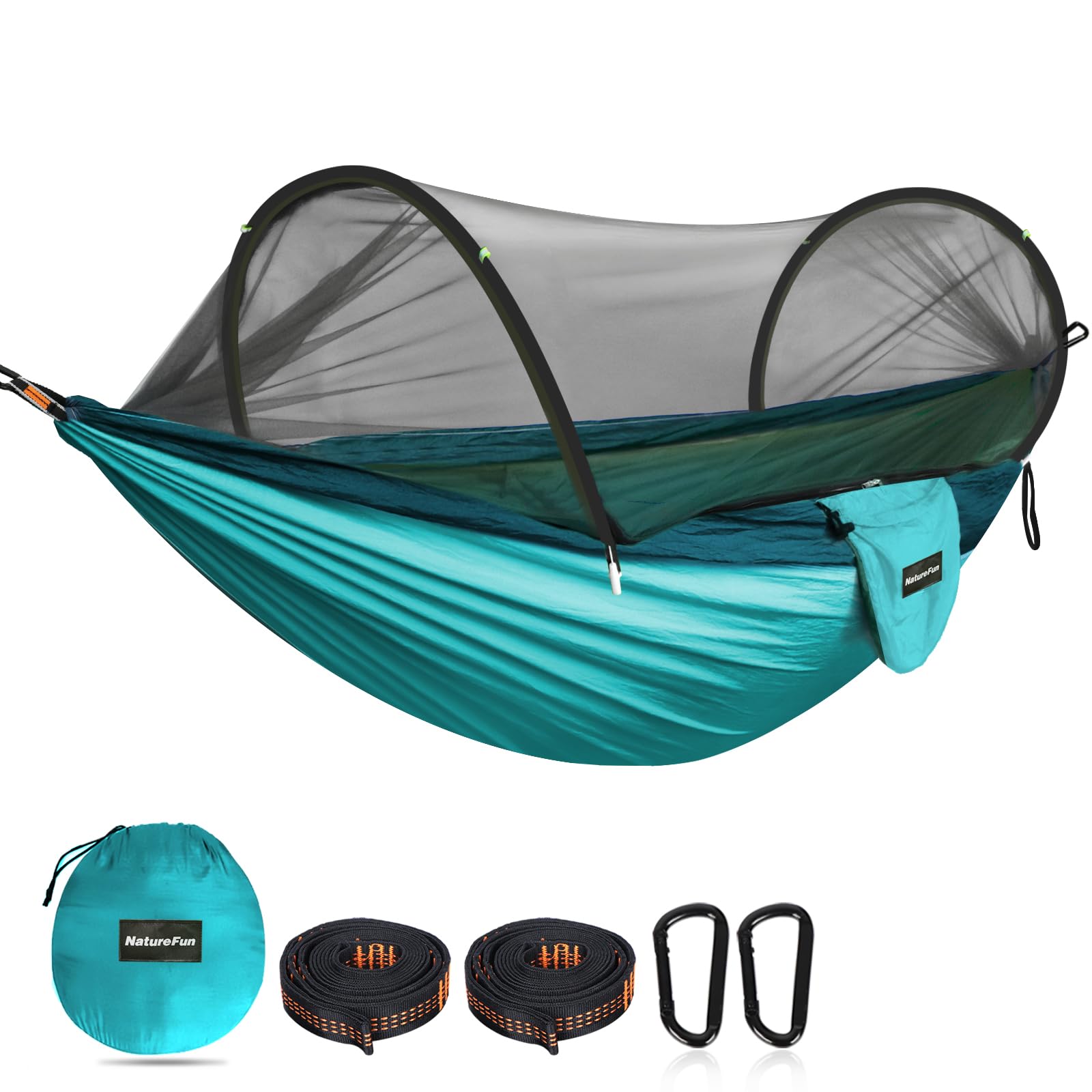NATUREFUN Ultra-Light Travel Camping Hammock Pop-up Bug Net Hammock 300kg Load Capacity,Breathable,Quick-drying Parachute Nylon 2 Premium Carabiners,2 Tree Slings Included Outdoor Backpacking Hiking