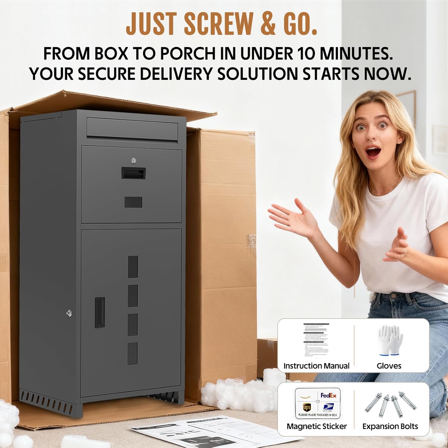 Package Delivery Box for Outside with Visual Windows, 40.6" Large Parcel Drop Box with Raised Metal Feet (Keep Packages Dry), Anti-Theft Waterproof Grey Outdoor Lock Box for Porch, Yard, Home