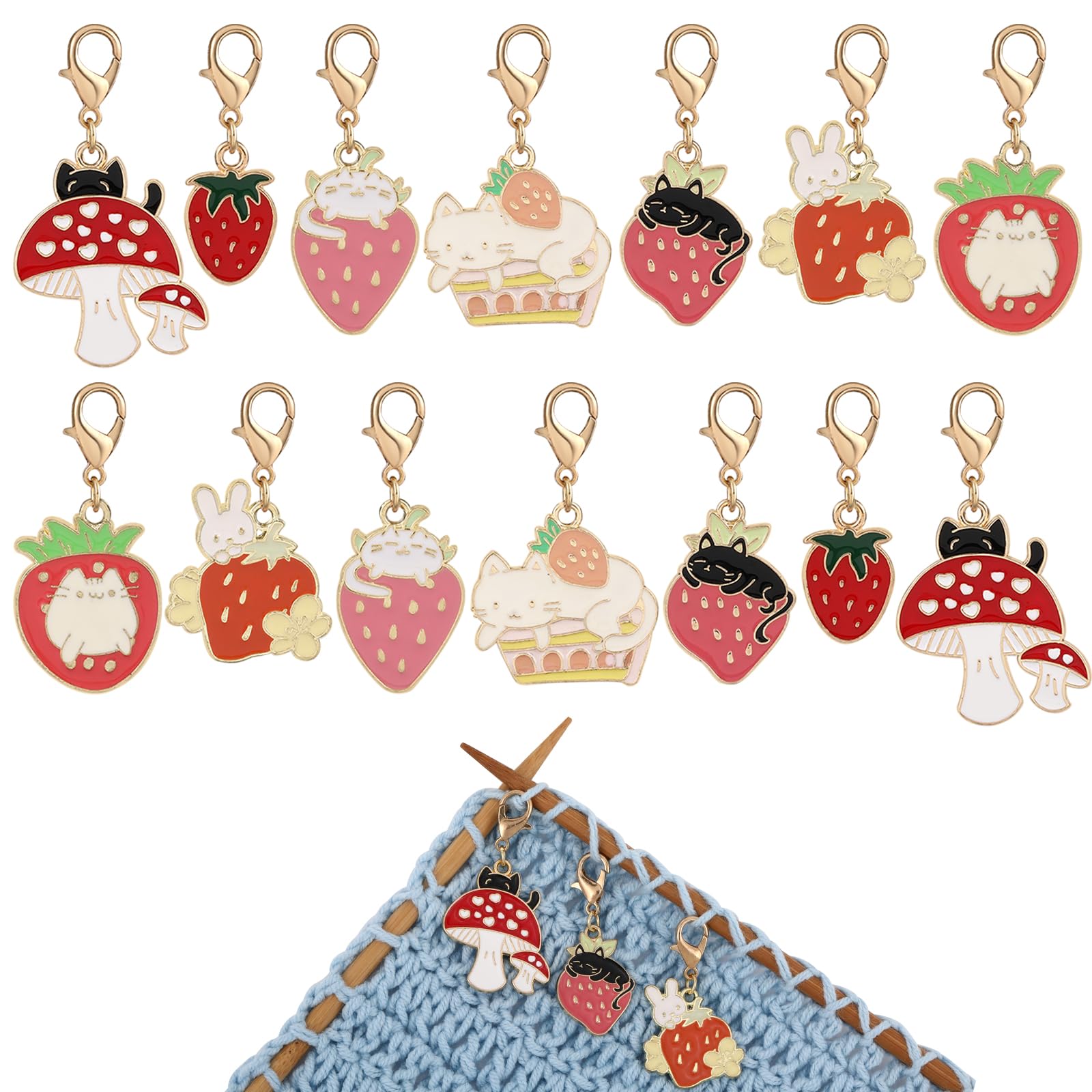 COGCHARGER 14Pcs Cat Strawberry Rabbit Mushroom Stitch Markers Alloy Enamel Removable Crochet Knitting Markers with Lobster Clasp Charms for Sewing Knitting Weaving Accessories DIY Craft