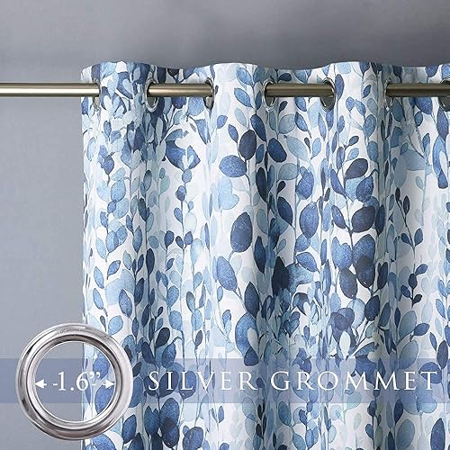 Miniatura 5 de KGORGE - Cortinas opacas blancas con patrón de hojas azul océano