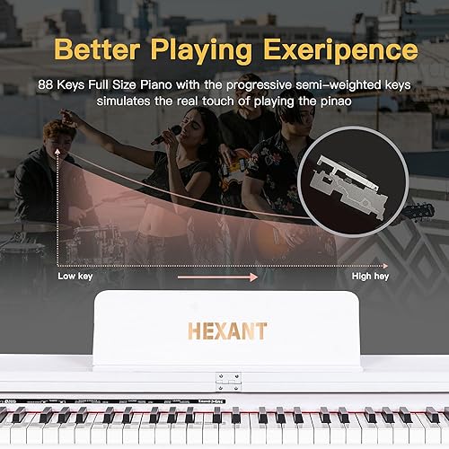 Miniatura 2 de HEXANT Piano digital de tamaño completo de 88 teclas, piano de teclado eléctrico semipesado vertical con 3 pedales y teclado multifuncional para