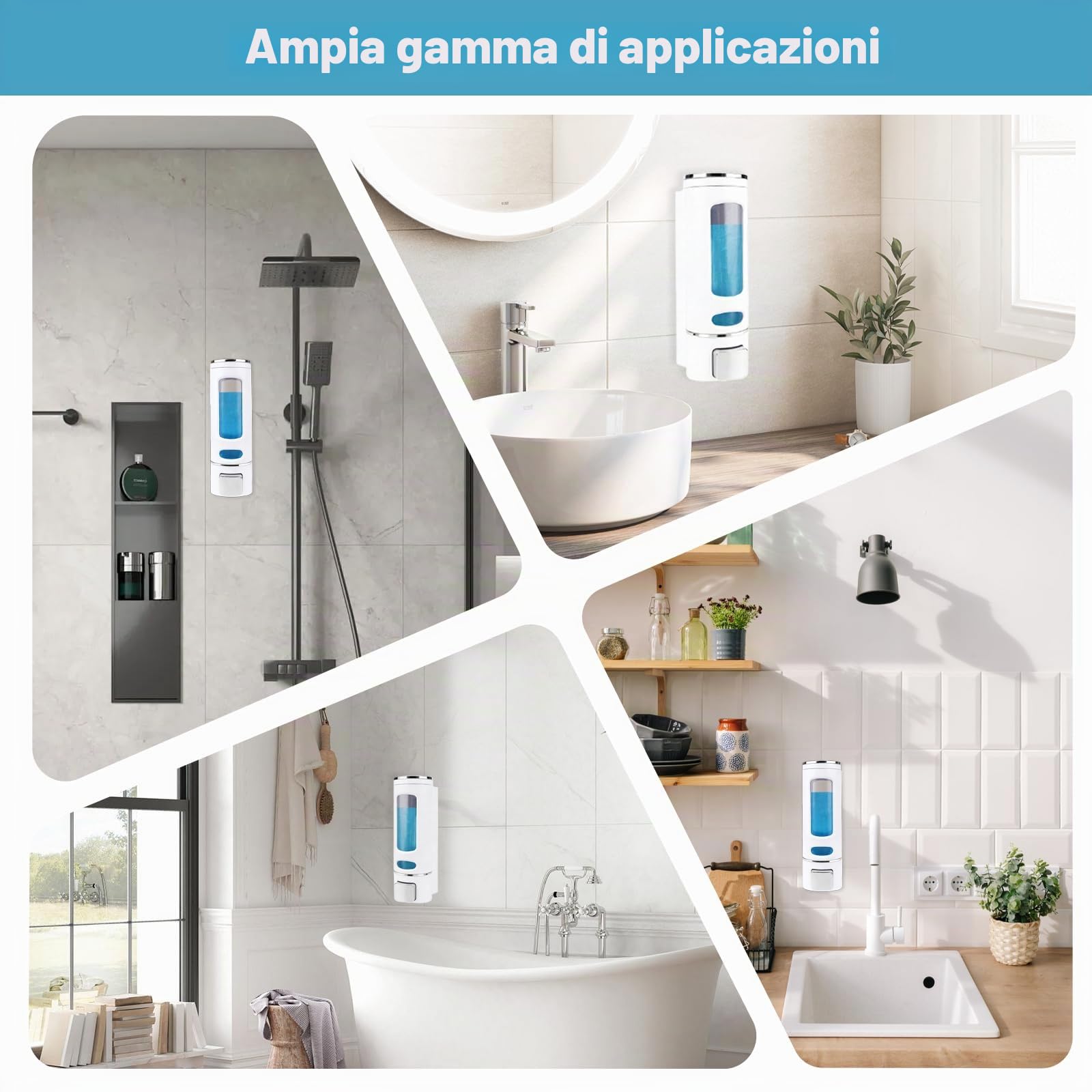 Dispenser di sapone da 400 ml con fissaggio a parete – Facile da montare | scomparto singolo per shampoo, bagnoschiuma e sapone per le mani – Pratico per il bagno e la cucina