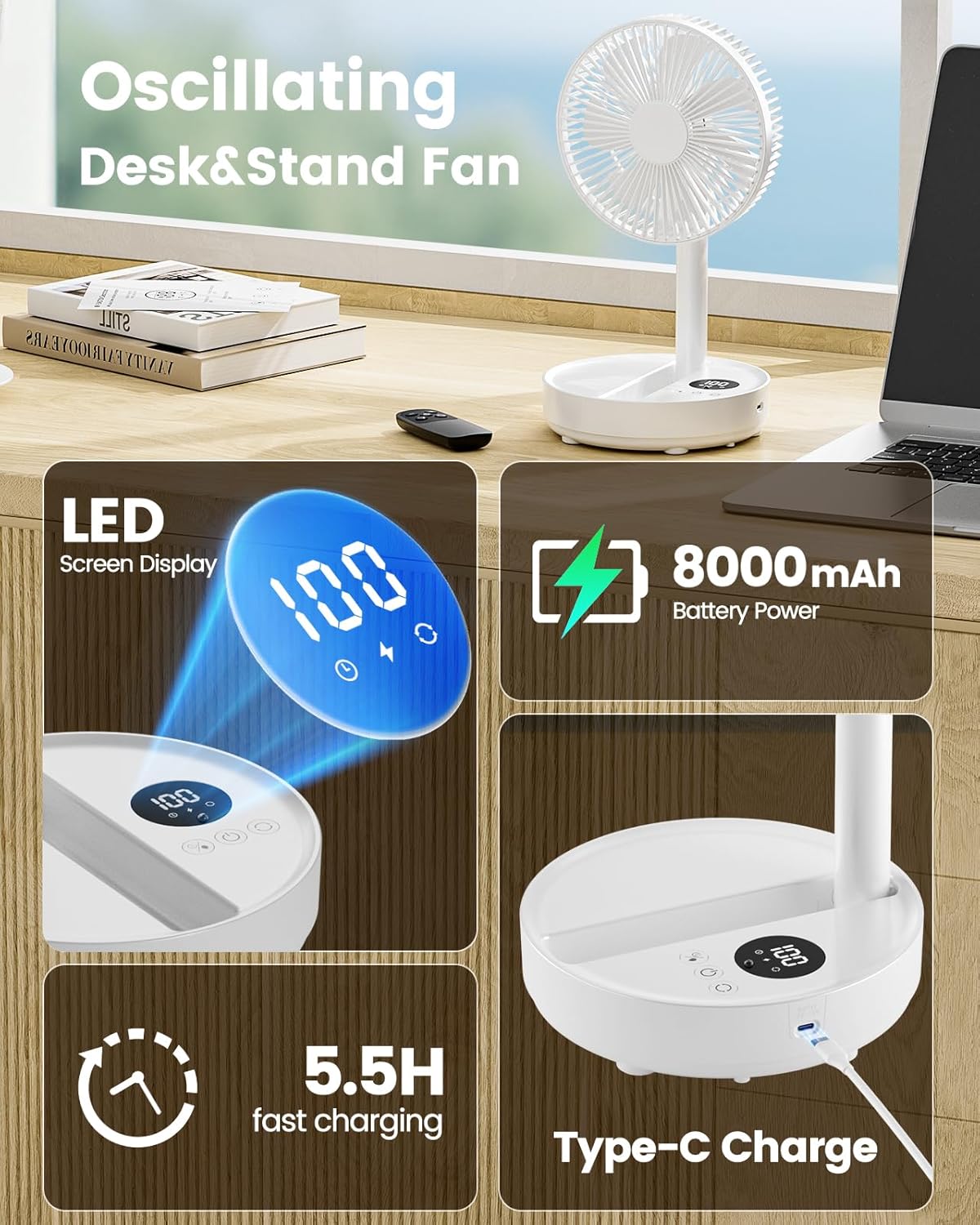 8" Portable Oscillating Standing Fan, 8000mAh Rechargeable Pedestal Fan with Remote, Foldable Quiet Travel Fan, 8H Timer, Height Adjustable, Floor & Desk fan for Bedroom, Camping, Office - Image 4