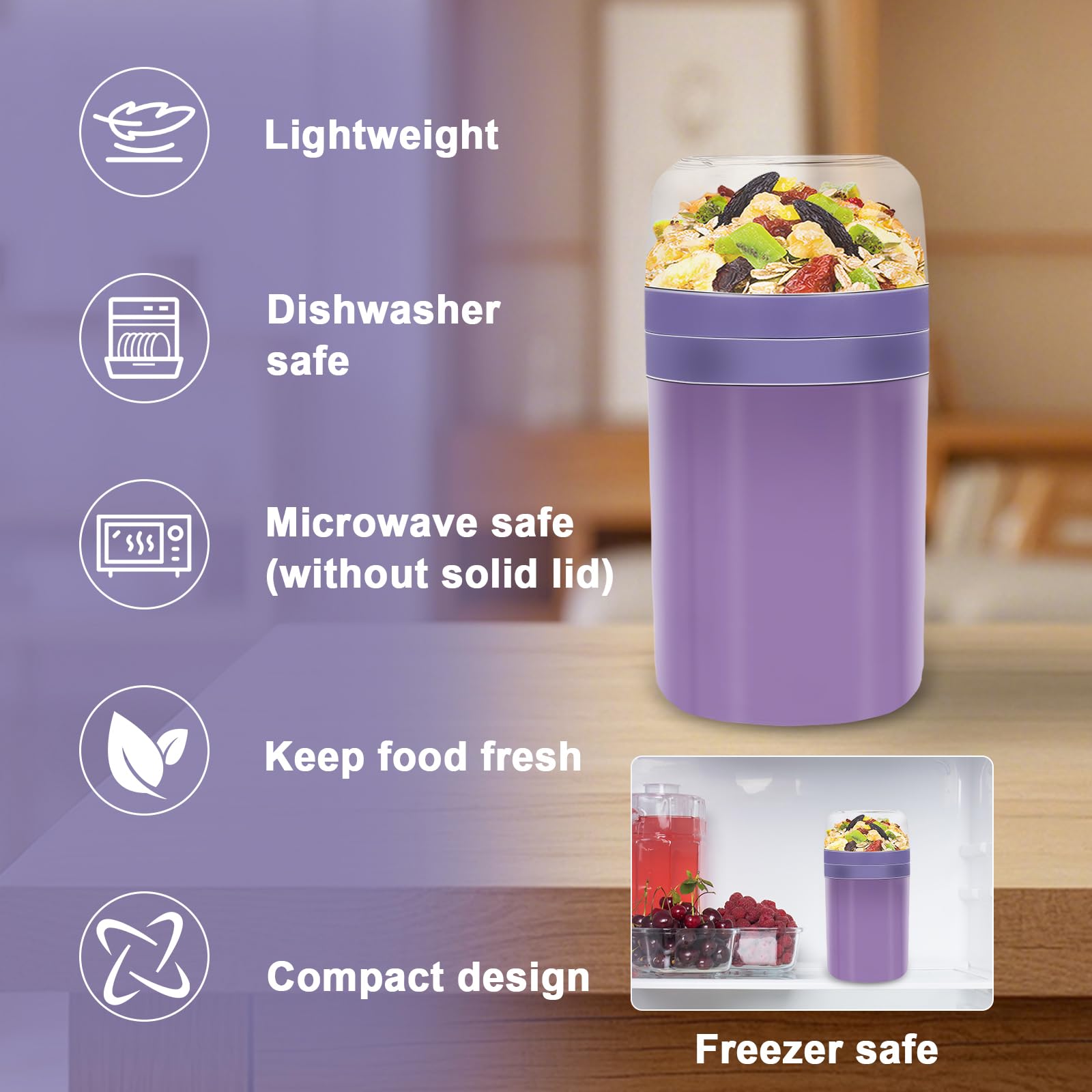 Zikenis 2 in1 Tazza Yogurt to Go,Tazze Cereali 520ML+250ML,Tazza per cereali to go per bambini,Tazza di cereali portatile,Bicchiere per yogurt a doppio strato,per la scuola (Viola)