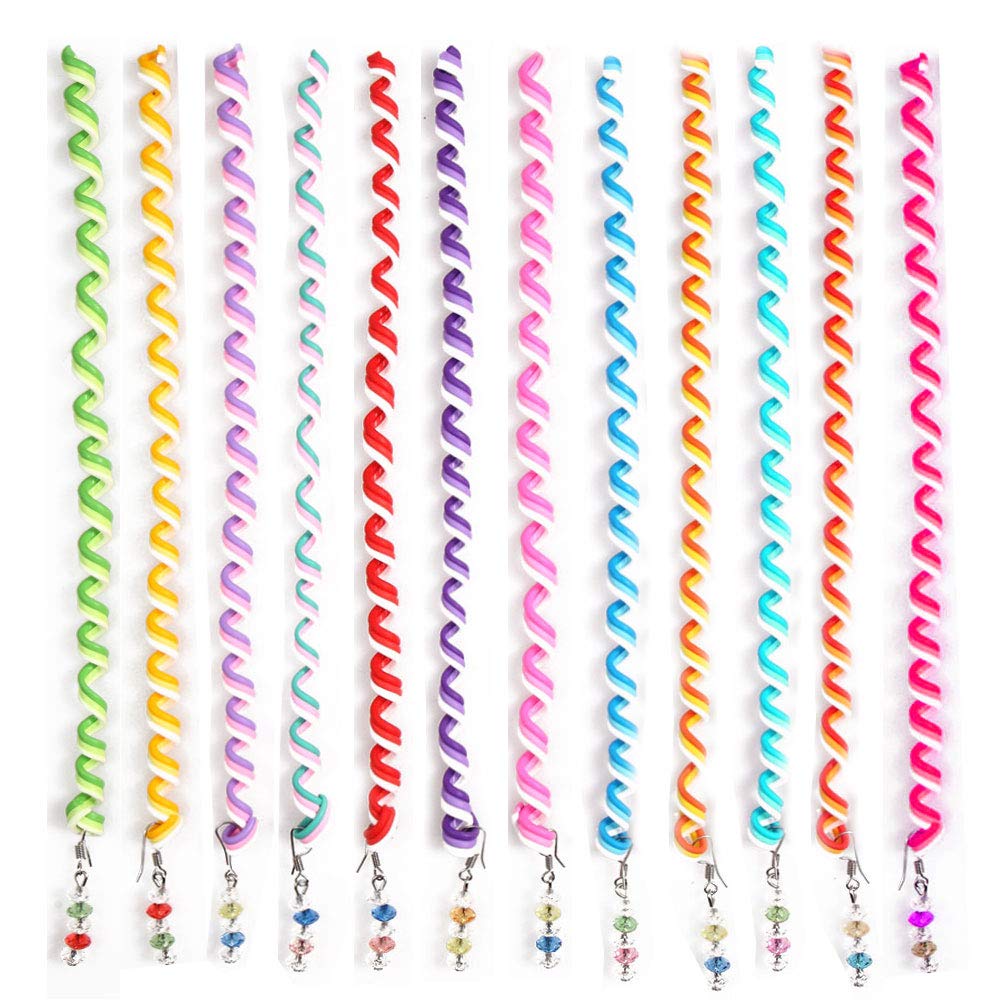 Hisight 12pcs Spiral Hair Rope Women Girl Hair Styling Twister Clip Hair Headwear with Crystal Pendant DIY Braider Tool Beaded Party Favor Hair Design Rainbow Roller Curler. (Trichromatic Mixture)