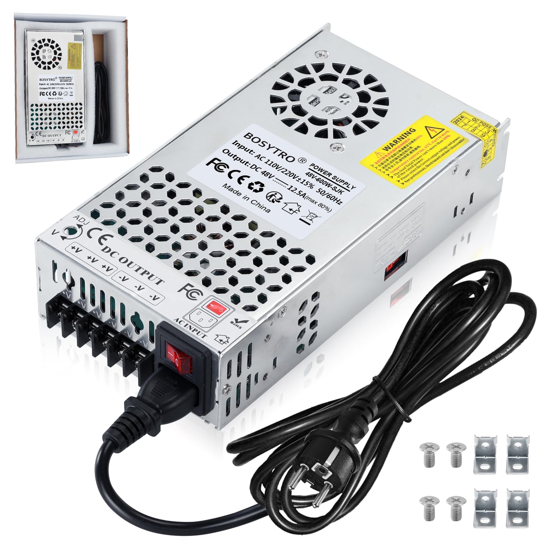 Ulepszony zasilacz impulsowy 48 V, 12,5 A, 600 W, transformator LED 230 V na 48 V, zasilacz sieciowy do taśm LED, CCTV, radia, aparatu, zasilacza laboratoryjnego, drukarki 3D, z kablem