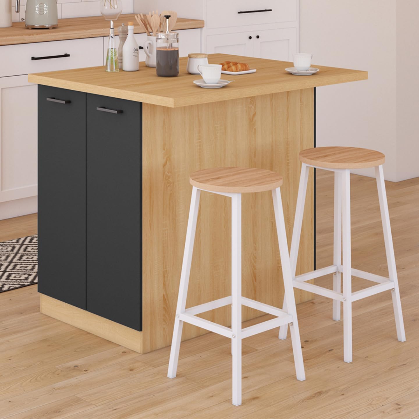 IDMarket - Ilot Central IVO 100 cm Bois façon hêtre Portes Noires avec Plan de Travail