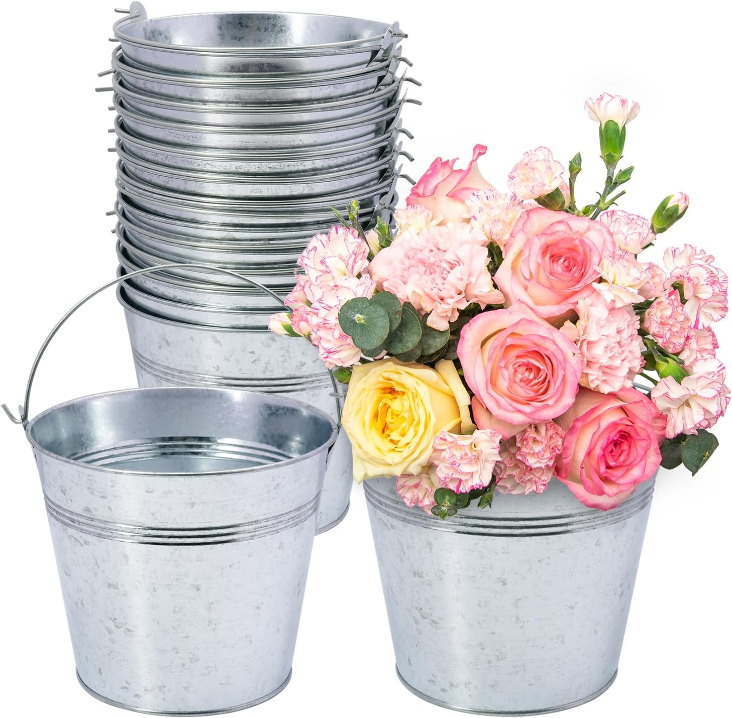 10 Pack 7 Inch Galvanized Metal Buckets with Handles, Rustic Metal Ice Buckets for Party Decor, Wedding Favors, Home Decor, Classroom Storage & Garden Planters(Silver)
