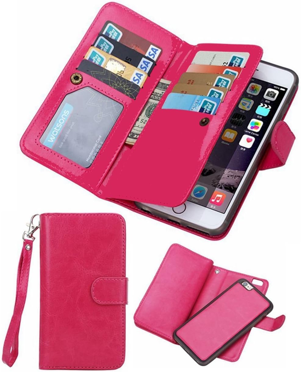 Valentoria iPhone 8Plus iPhone 7Plus Wallet Case, Leather Wallet Case Magnetic Detachable Slim Back Cover Card Holder Wrist Strap(iPhone 7 Plus, Hot Pink)