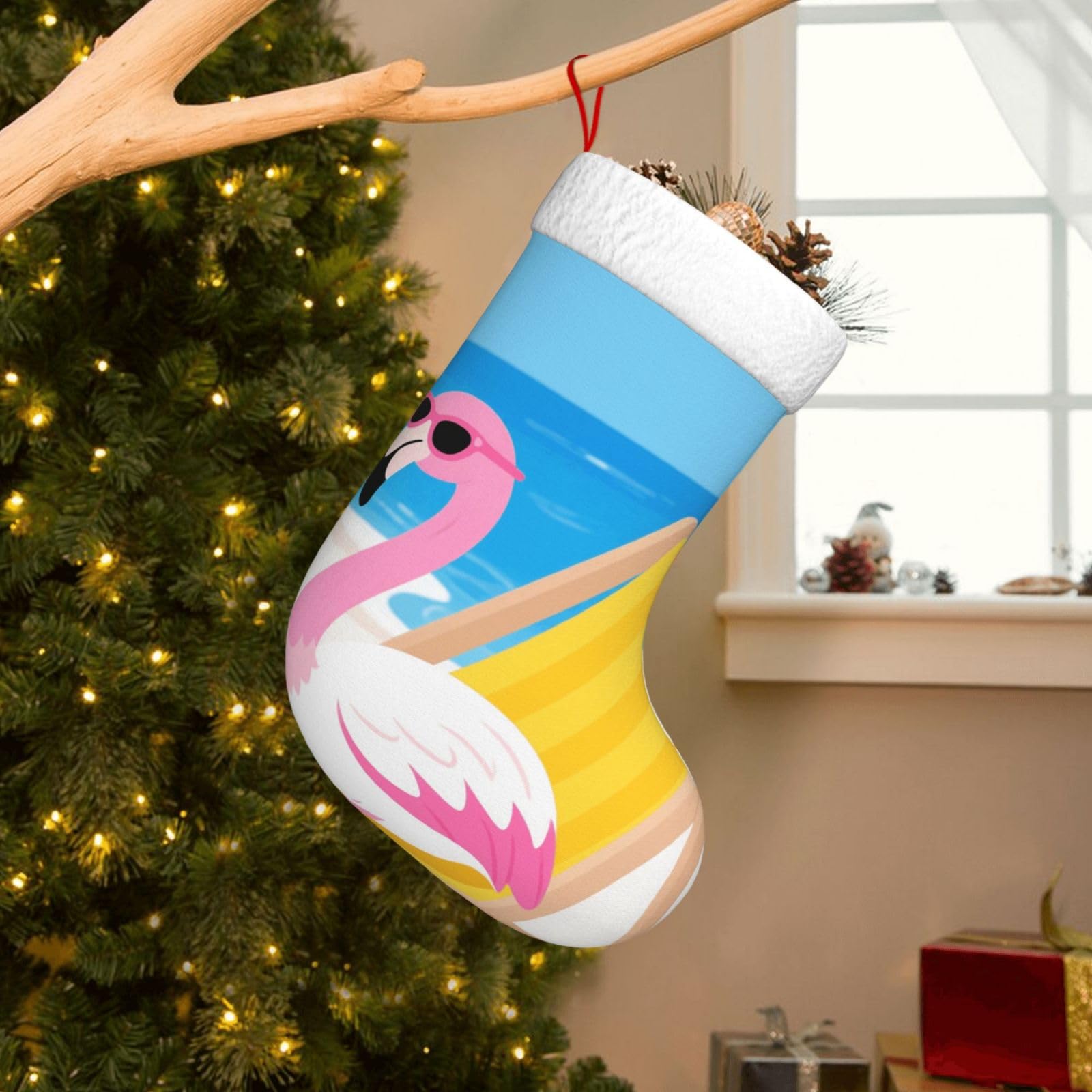 Velvet Christmas Stockings 17.7 Inch, Tropical Flamingo Cartoon Xmas Stocking with Soft Cuff,Classic Personalized Christmas Tree Decoration for Family Holiday New Year Party Supplies