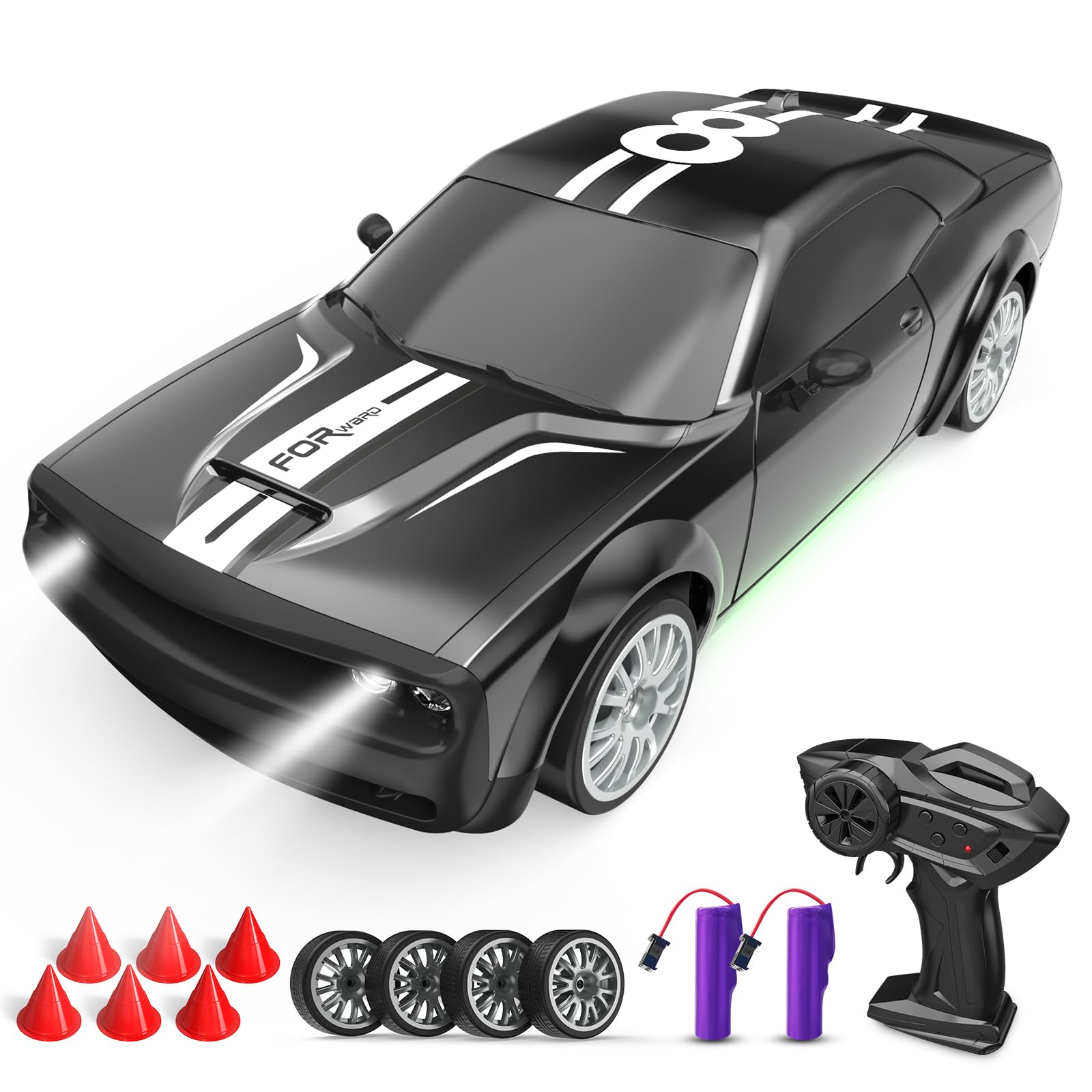 RC Drift Car Remote Control Car 2.4GHz 1:20 Scale 4WD 20KM/H High Speed Remote Control Cars Vehicle with LED Lights Drifting Tire 2Pcs Rechargeable Batteries Toy Cars for Adults Boys Girls (Black)