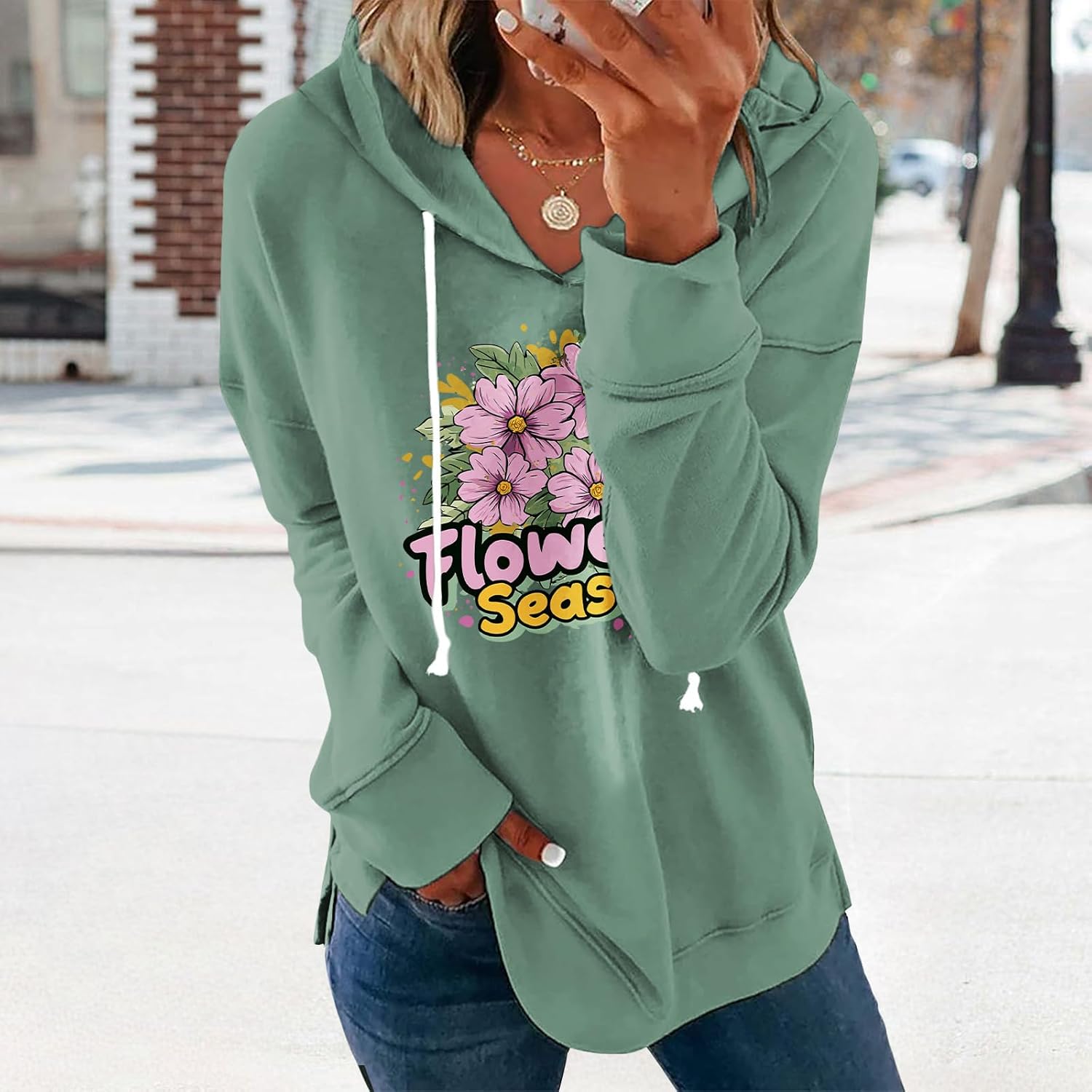 Women's White Floral Print Hoodie Long Sleeve Pullover Sweatshirt Loose Fit Cotton Blend Drawstring Hooded Top - Image 2