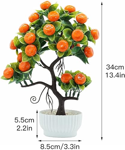 Miniatura 2 de Árbol de durazno artificial bonsái en maceta de 14 pulgadas, mini árbol de frutas artificiales con jarrón amarillo para decoración de escritorio,