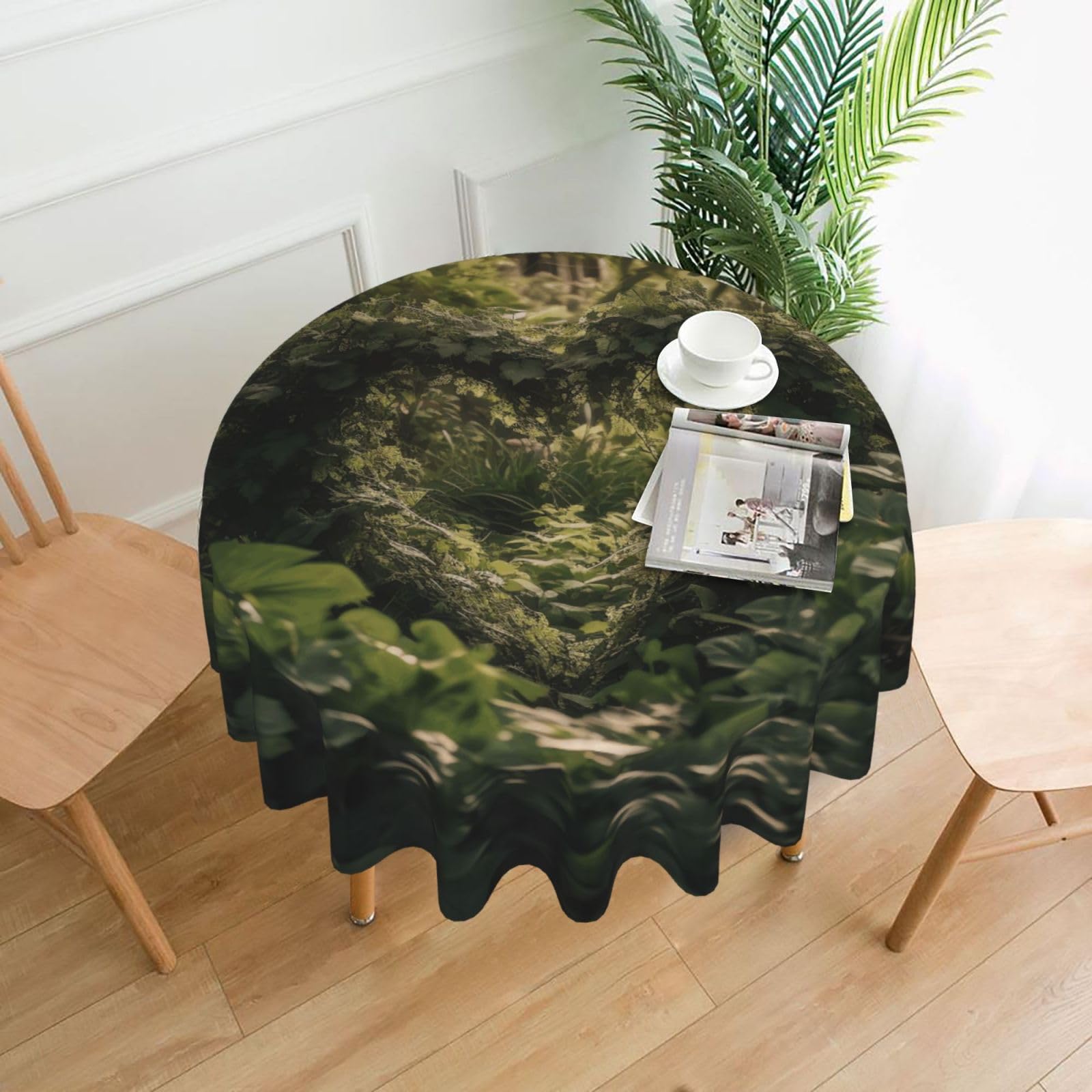QMKFWT - Green Leaves Heart Shaped Printed Round Tablecloth Dust Resistant Wrinkle Resistant Washable Polyester Table Cloth for Kitchen Dining Farmhouse Picnic Indoor and