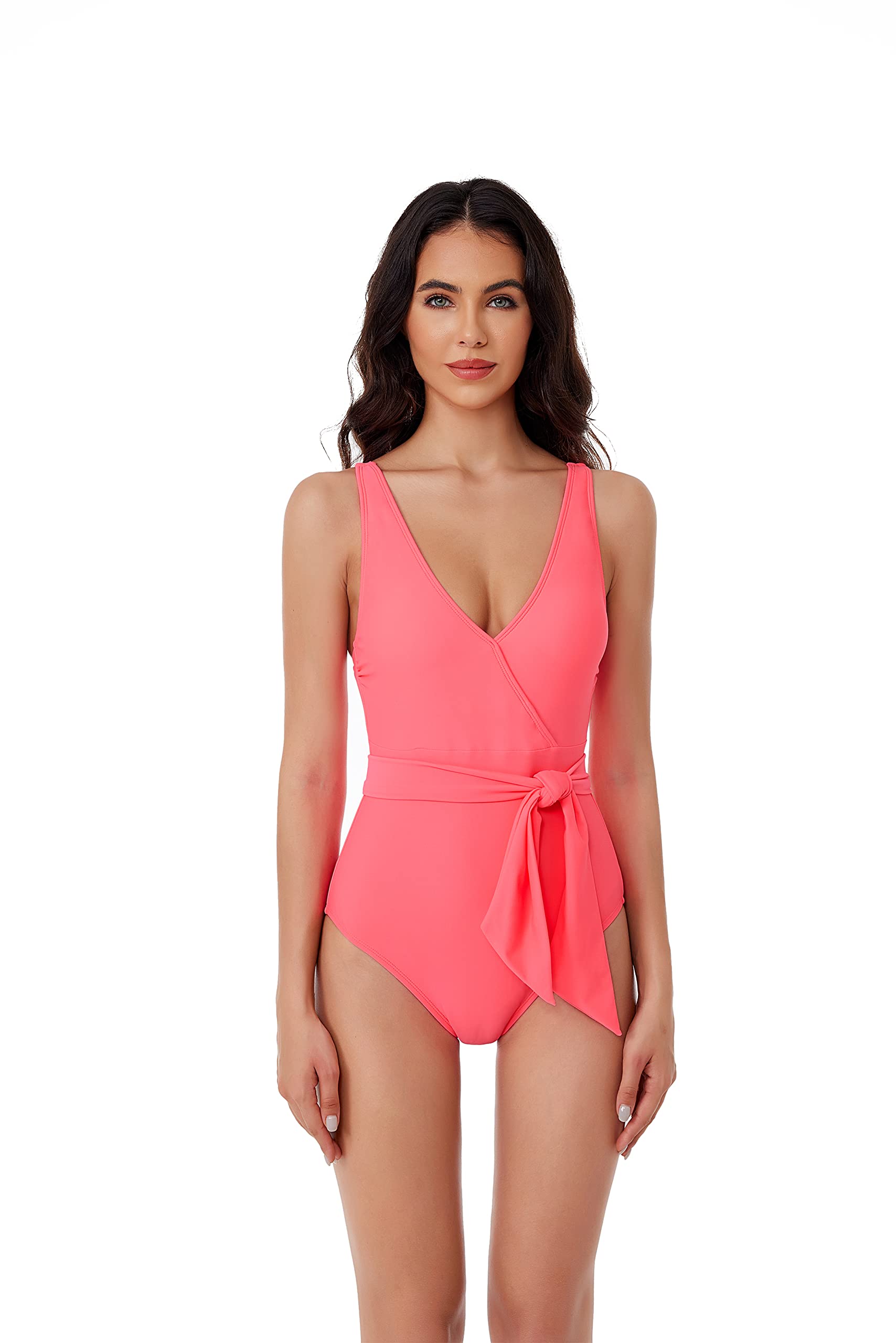 BCA by Rebecca Virtue Women's Standard Megan One Piece Swimsuit, V-Neck, Wraparound Waist Tie, Bathing Suits
