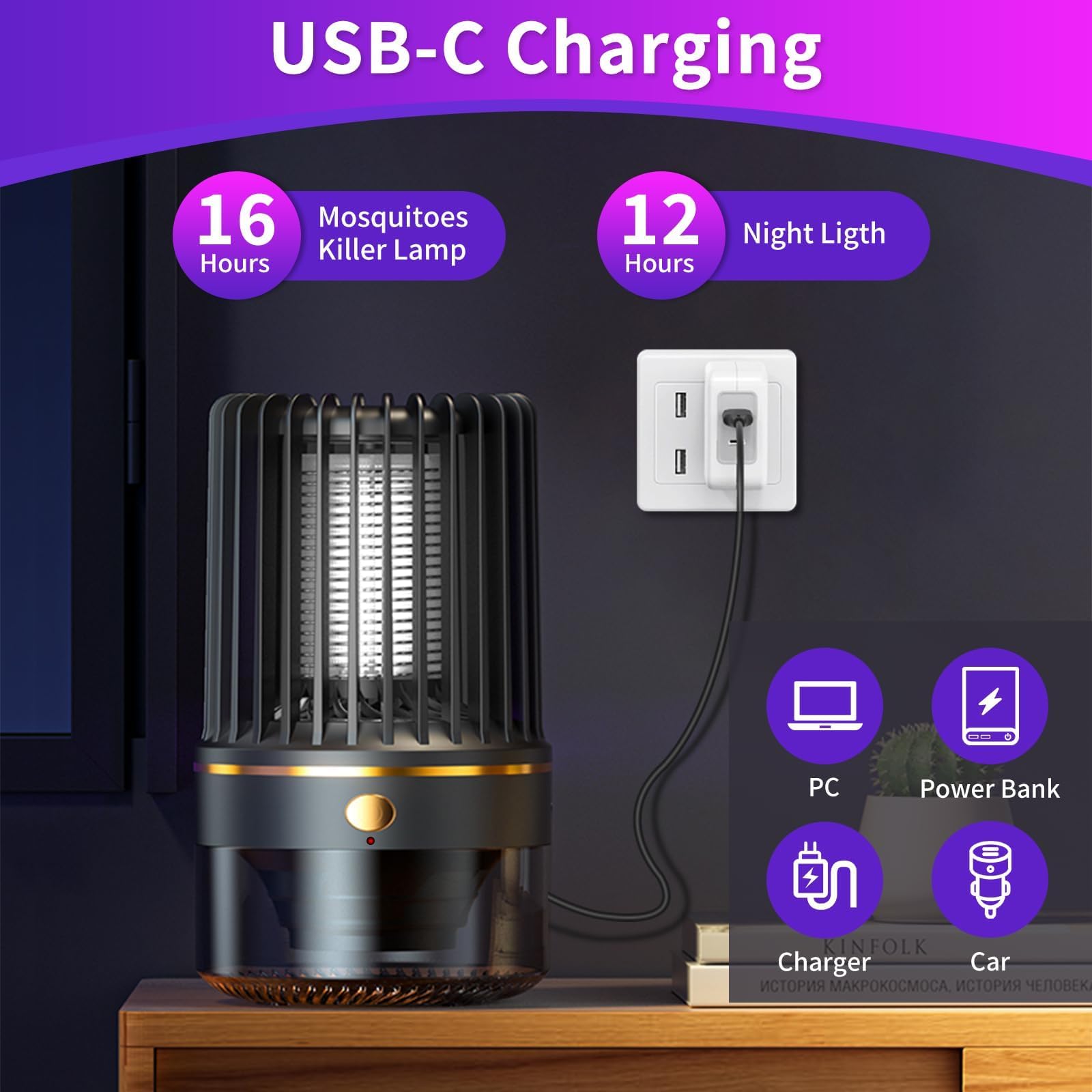 Insektenvernichter Elektrisch – 4200V Mückenlampe mit UV-Licht, USB elektrische Fliegenfalle, kompakt mit Reinigungsbürste & Aufhängehaken für Camping/Garten/Balkon/Schlafzimmer-Mückenvernichter-Lampe