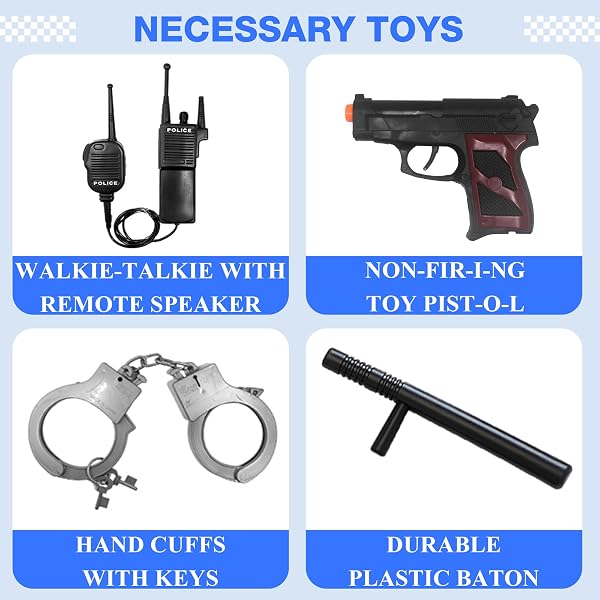 Udekit Costume de Policier de Luxe avec Talkie-walkie, Sifflet, Bâton et Autres Accessoires de Police pour Tenues de Cosplay de Flic - 4