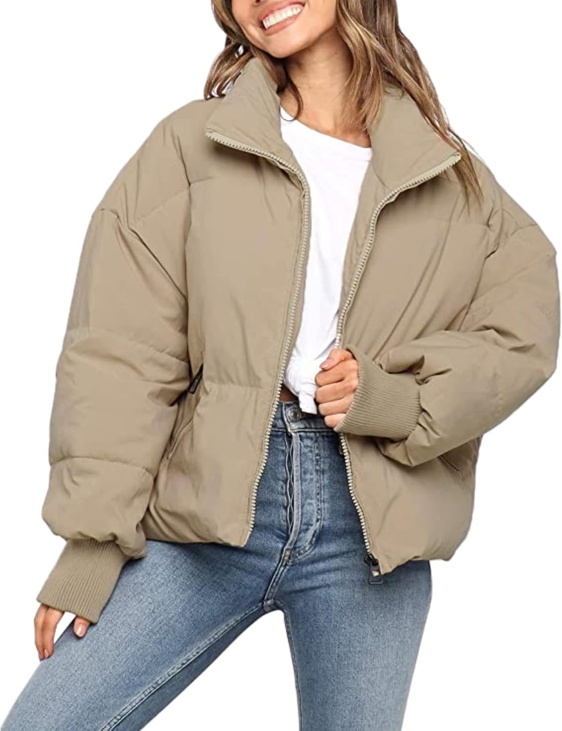 InterNos Women's Winter Stand Collar Zip Puffer Jacket Baggy Short Padded Down Coats