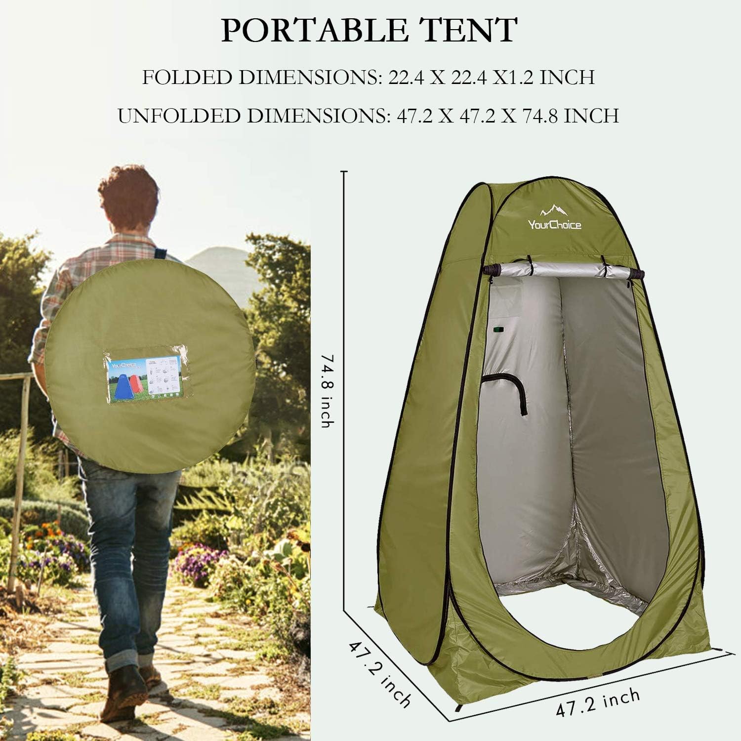 Your Choice Pop Up Privacy Shower Tent, 3.9 x 3.9 x 6.2FT Portable Camping Changing Room, Instant Setup Outdoor Shelter with Silver Coating, Vent Window & Carry Bag for Beach, Hiking & RV | Portable, for Camping, Beach, Hiking, with Carry Bag, Quick Setup