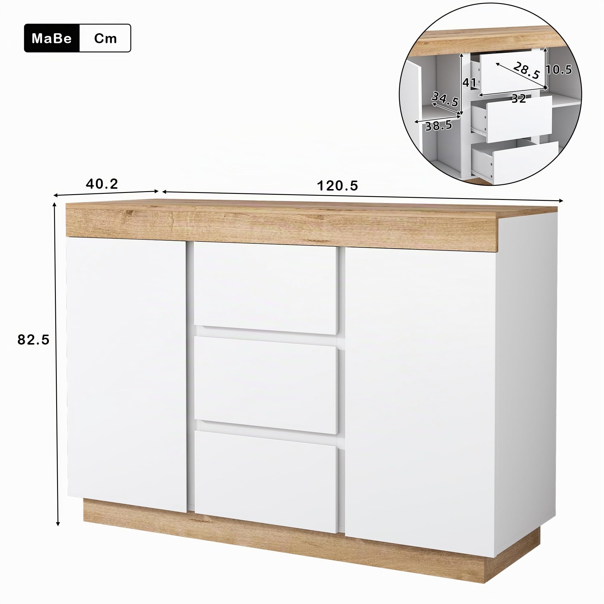 Commode à 3 Tiroirs et 2 Portes en Panneau de Particules E1 - Fonction de Rangement Pour Salon, Chambre à Coucher, Chambre d'enfant, Chambre d'adolescent et Bureau - 120 X 40 X 82 Cm - Blanc et ChêNe