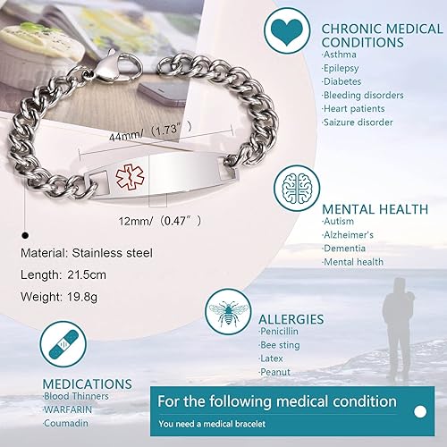 Miniatura 81 de VNOX Pulsera de identificación de alerta médica, pulsera de emergencia de acero inoxidable para hombre y mujer, 7.2/8/8.4 pulgadas *personaliza tu