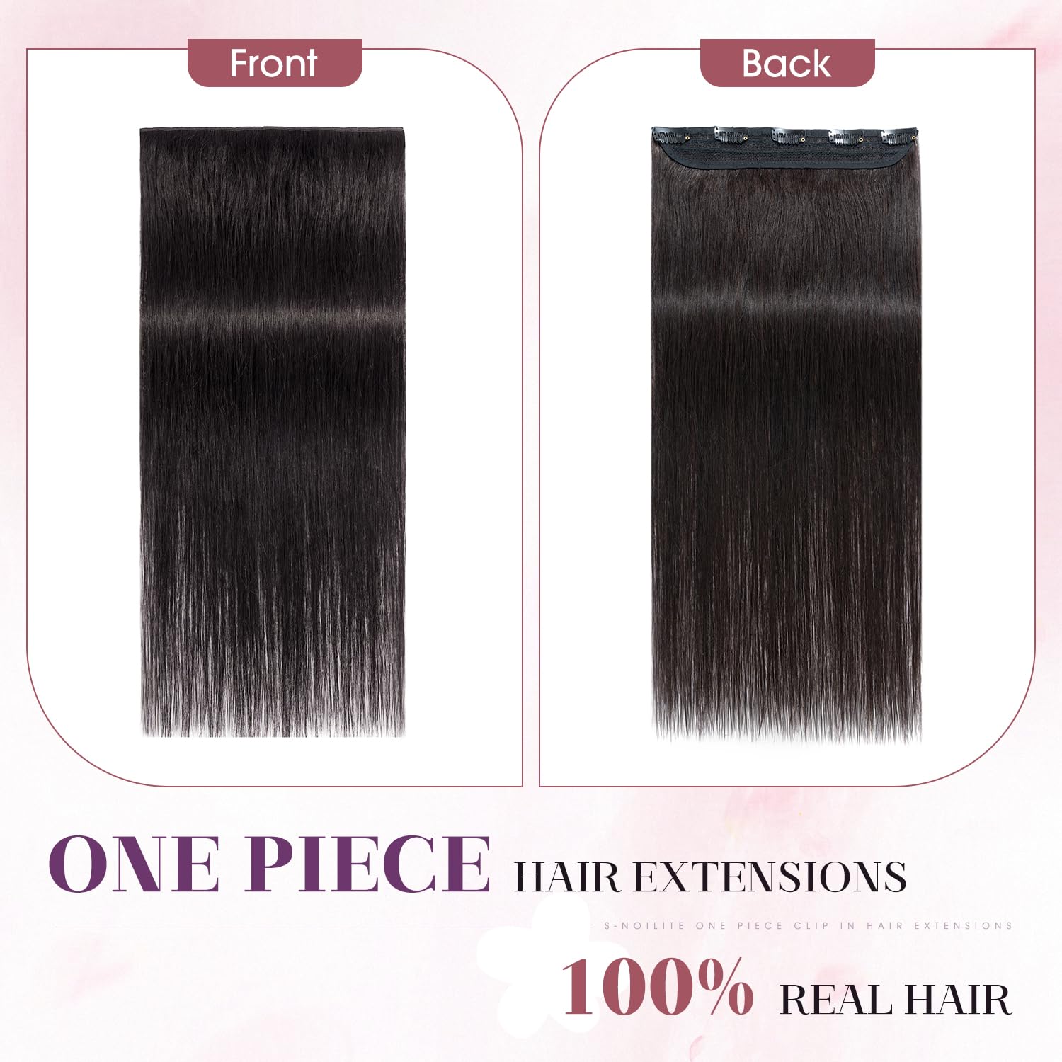 S-noilite One Piece Hair Extensions Clip in Human Hair 5 Clips 3/4 Full Head Clip on Remy Hair Extension for Women,One-Piece Design Adding Hair Volume 24 Inch 60g #Natural Black