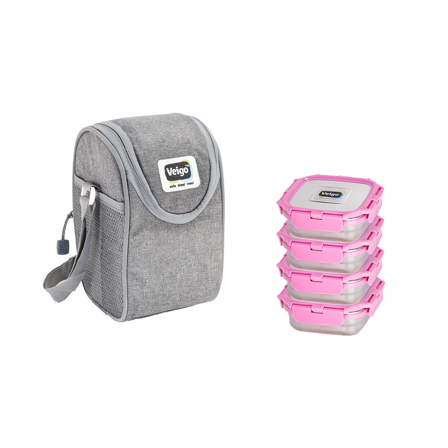 Veigo Stainless Steel Medium Snack Box Set of 4 (330 ml + 330 ml+ 330 ml+ 330 ml) with Insulated Pouch | Airtight & Leakproof| Freezer & Dishwasher Safe| Snacks Box for School| Safe Lid Lock| Pink