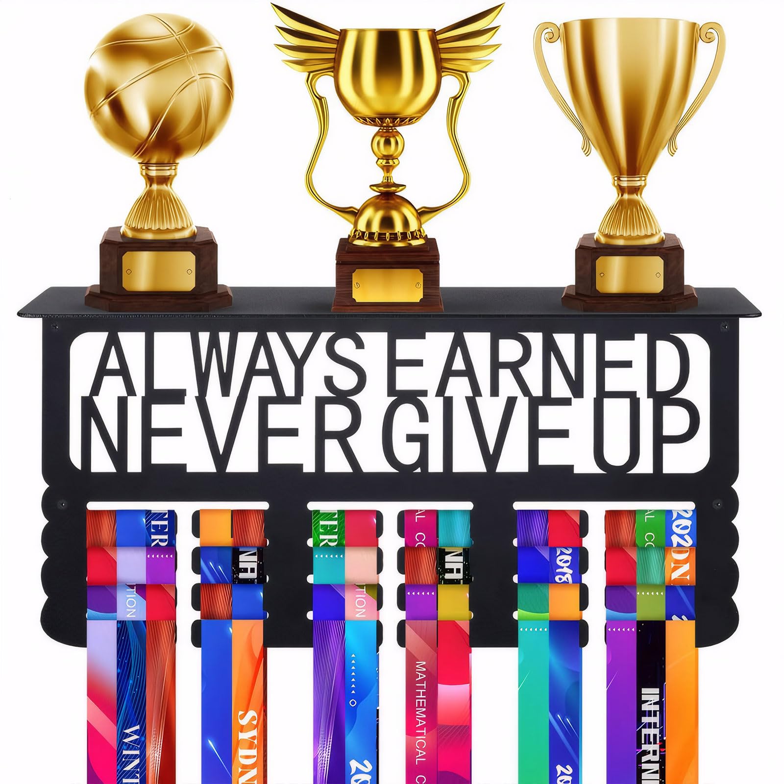 OKYUK Regał na trofea i regał na medale na ścianę – z zawieszkami na nagrody biegaczy – regał ścienny z mottem ALWAYS EARNED NEVER GIVE UP
