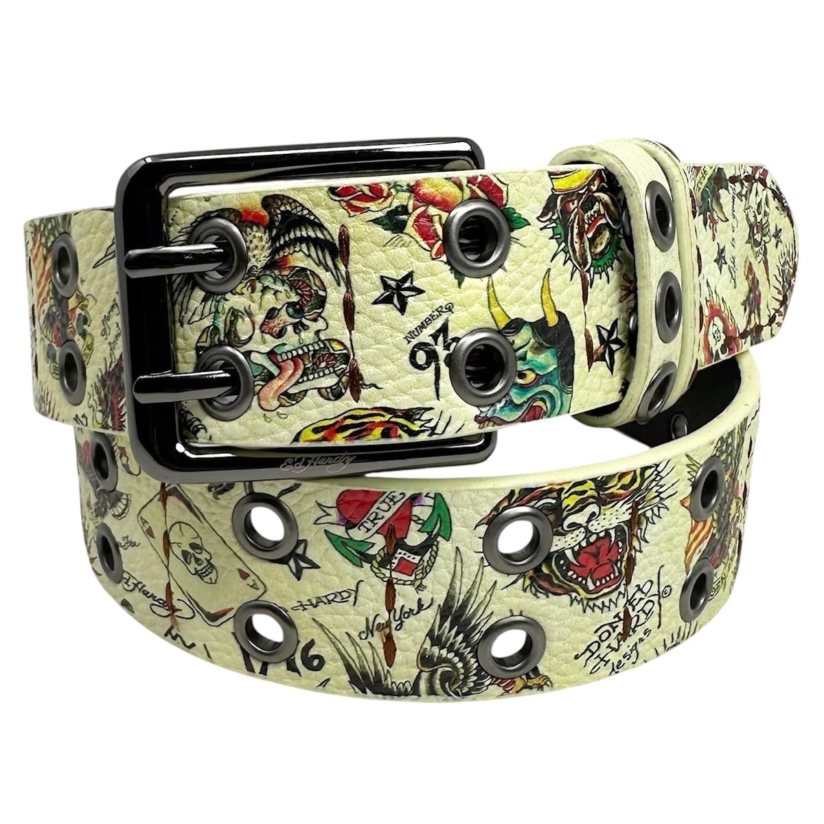 ED HARDY Men's Ace of Hearts Print 38mm Dual Prong Buckle Belt