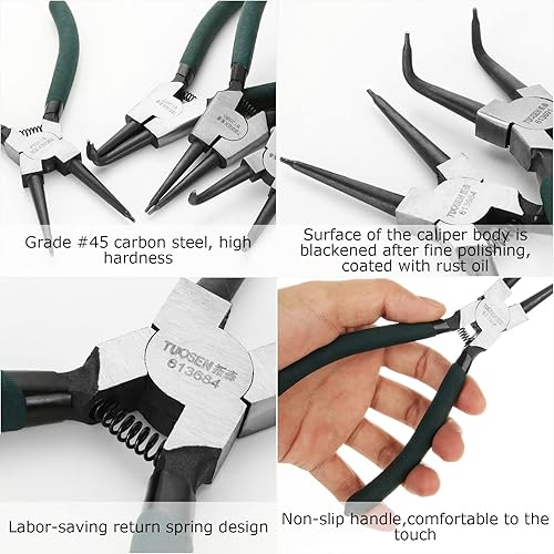 Miniatura 3 de Juego de 4 alicates de anillo de presión de 7 pulgadas, kit de alicates de clip externo interno resistente con alicates de mandíbula rectadoblada,