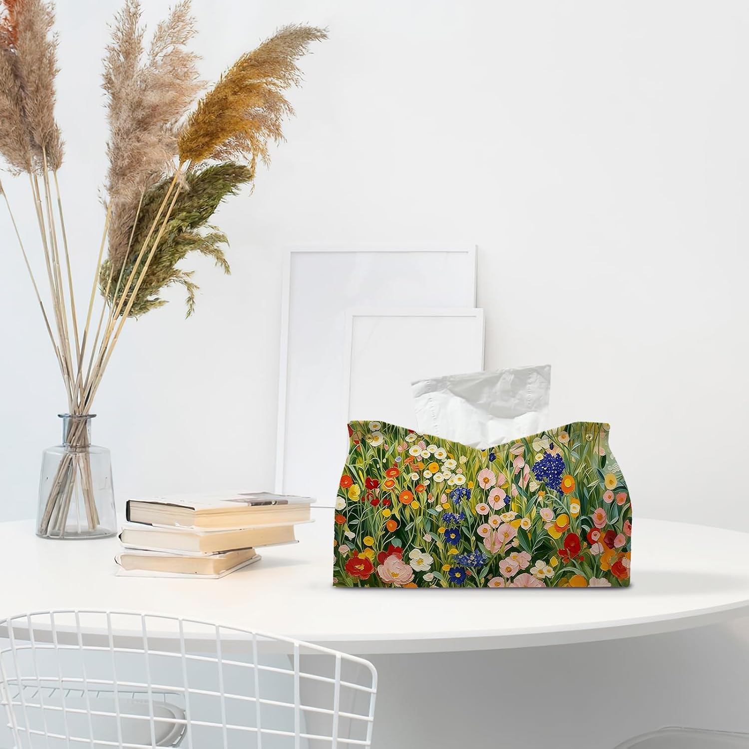 Green Wildflower Tissue Box Cover Rectangle for Office Desk Decor