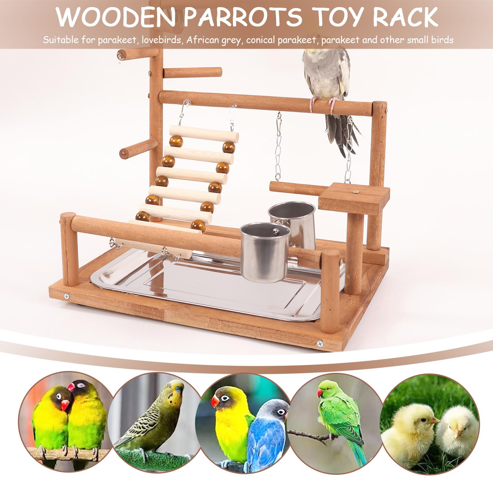 Aves Juego Stand - Bird Playground Puesto de Madera para Loros Aves Stand con Percha Escalera Columpio Comedero Bandeja y Juguetes de Gimnasio de Ejercicios para Pájaros Pequeños y Medianos