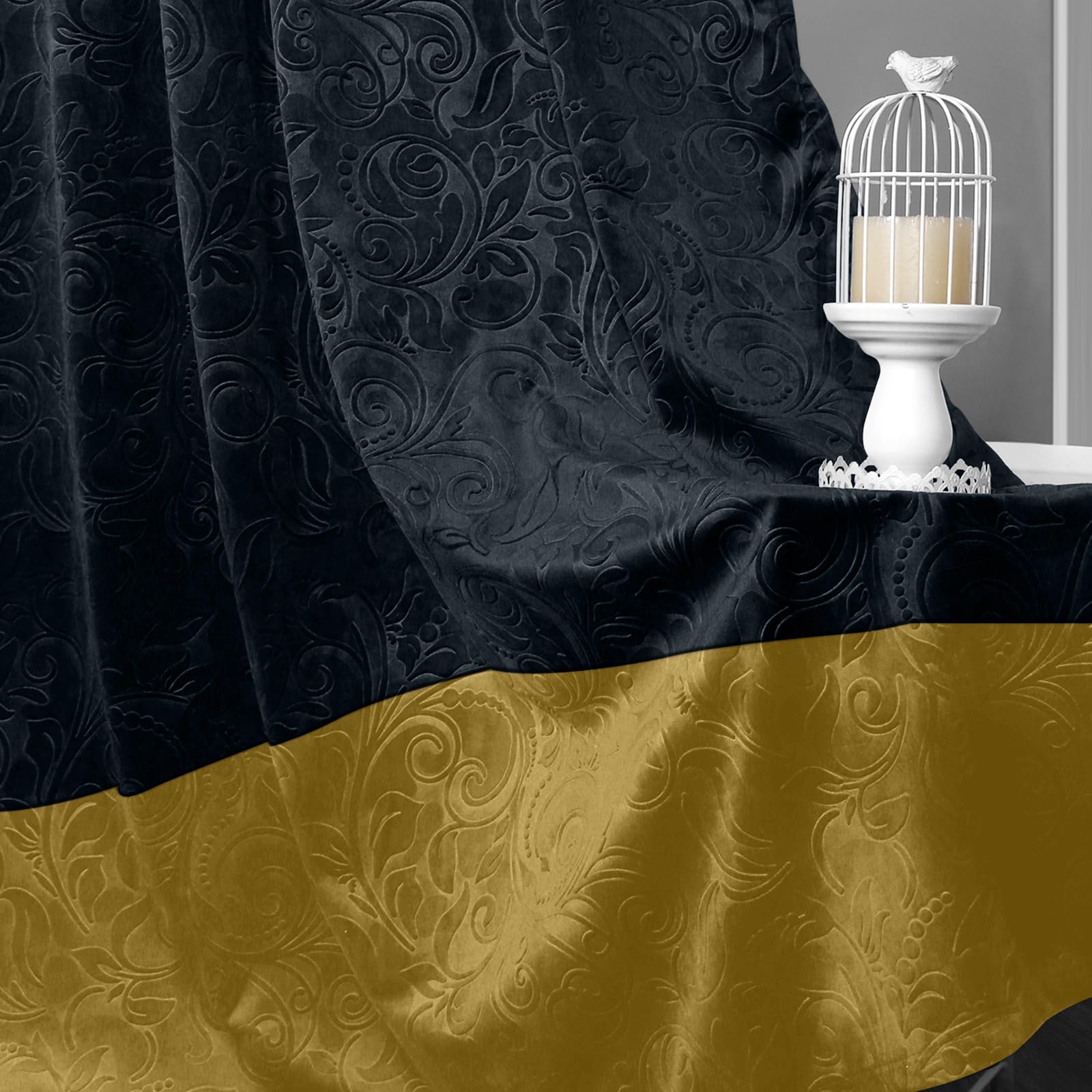 Samtvorhang Kräuselband 2er Set, H274xB132CM 260gsm Samt Verdunklungsvorhänge mit Blumenprägung, Multifunktionsband Blickdicht Gardinen Velvet für Wohnzimmer, Schlafzimmer(Schwarz und Gold)