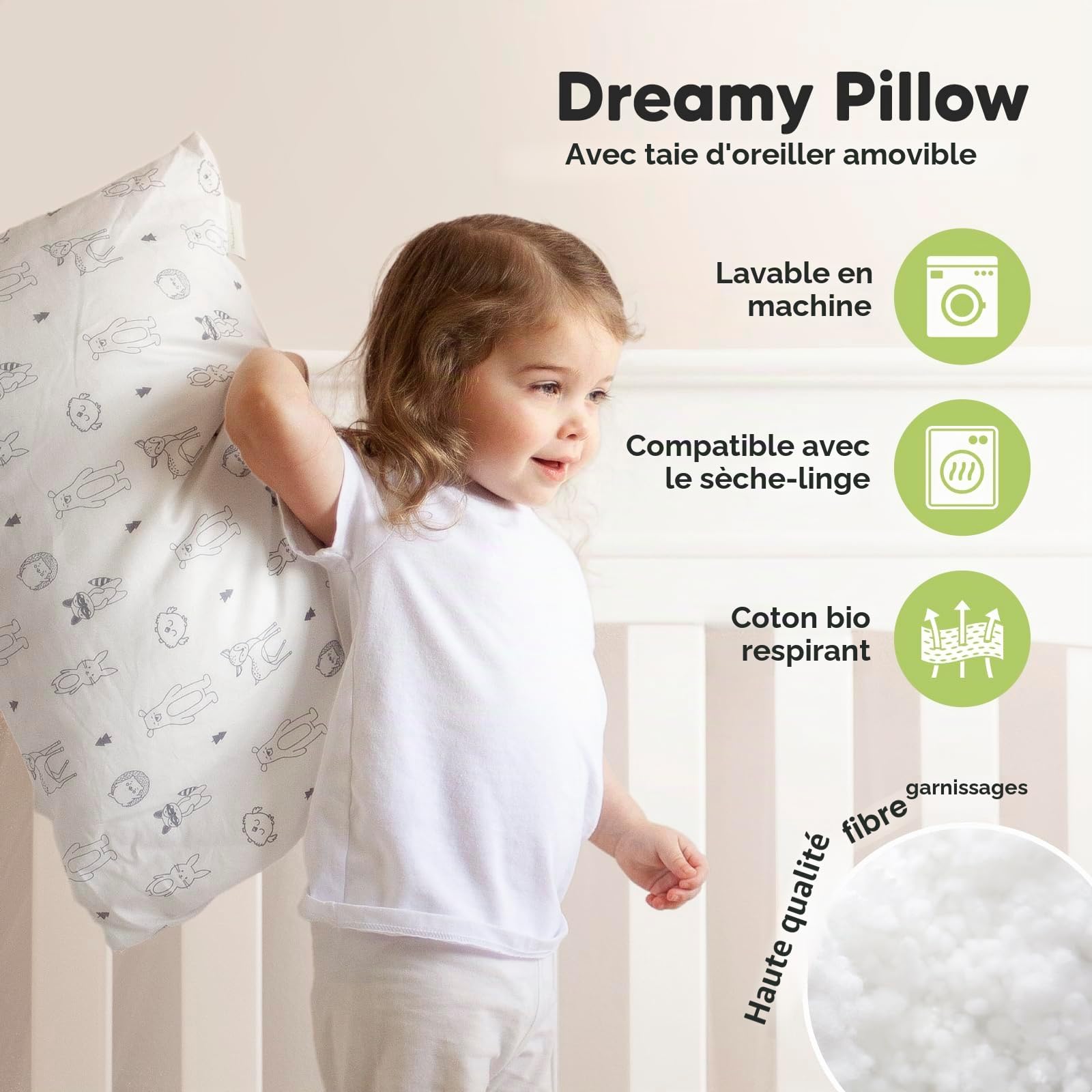 Oreiller pour tout-petit en coton bio doux lavable en machine KeaFriends