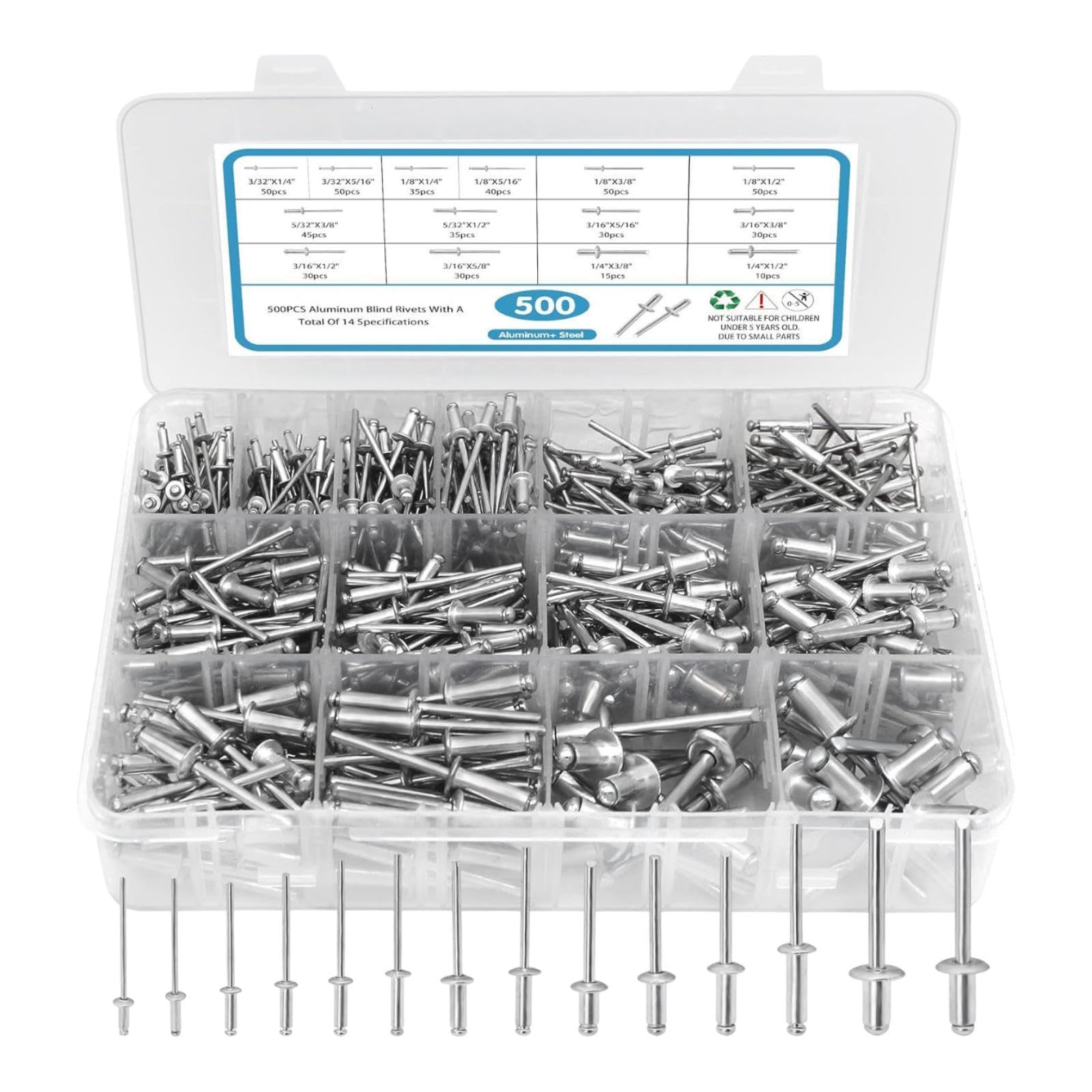 500 Piezas Remaches Ciegos Mixtos Abiertos Caja Plástica Divisores Separados Instalación Sencilla Adecuado para Mantenimiento Instrumentos Trabajos Do, Plata