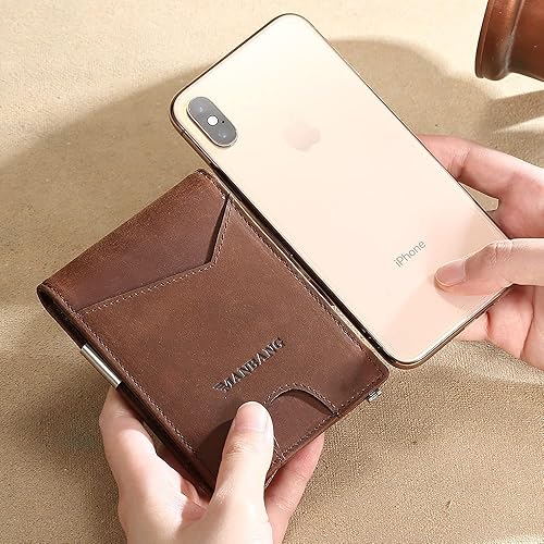 Miniatura 5 de Carteras para hombres delgadas de cuero RFID bloqueo minimalista tarjeta frontal bolsillo frontal plegable viaje delgado, Marrón, Minimalista