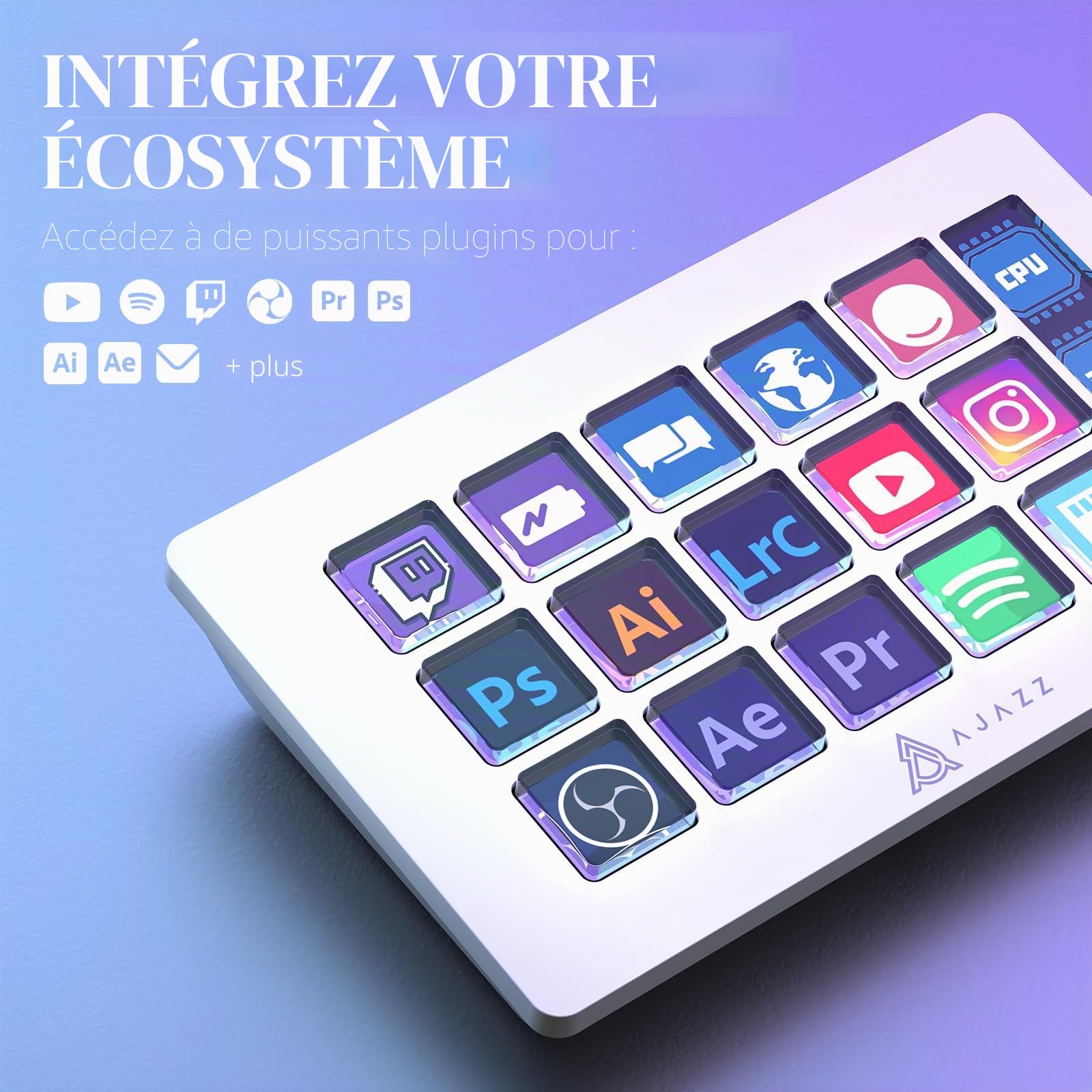 AJAZZ AKP153 Contrôleur de Stream, Studio Deck, 15 Touches Macro, Déclenchement d’actions dans les applications et les logiciels comme OBS, Twitch, ​YouTube et d’autres, avec Mac/PC, Blanc
