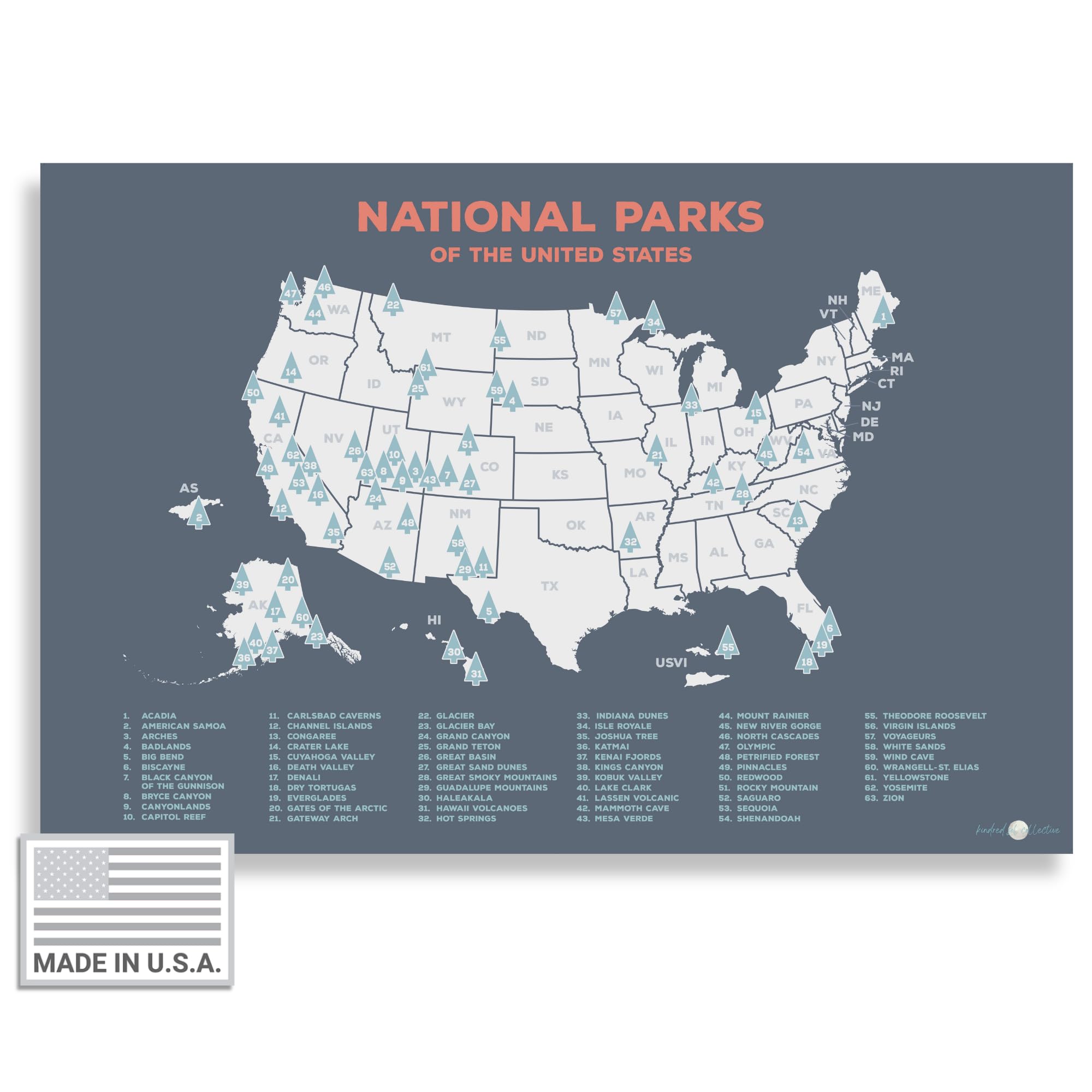 US National Parks Map (24 x 17 inch) - Educational Adventure Poster of All 63 Parks in USA – Map Wall Art Gift - Made in the USA on Heavy-Duty