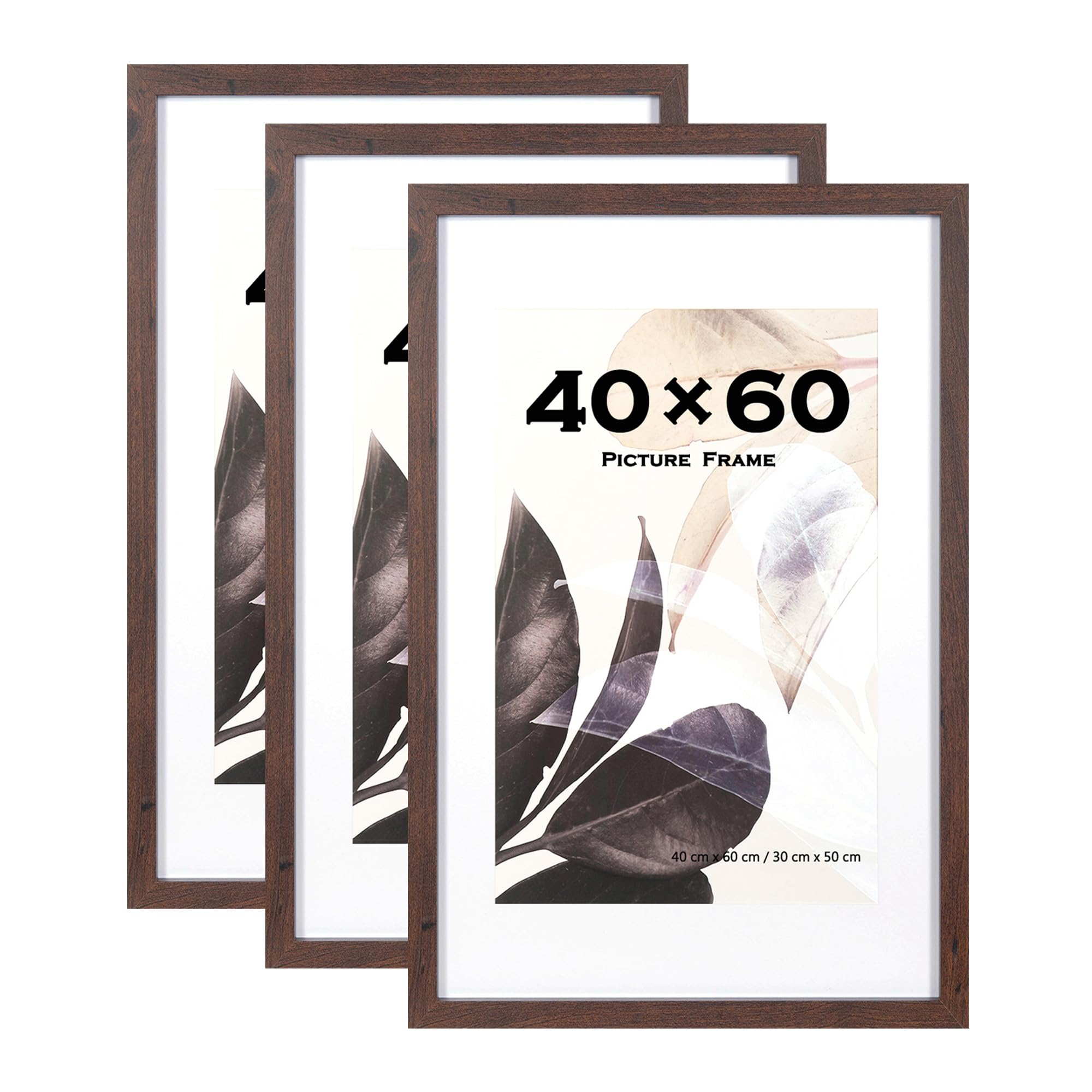 60x40cm Picture Frame Walnut Set of 3 with Mounts for 30x50cm, 40x60 Frame Wall Mountable